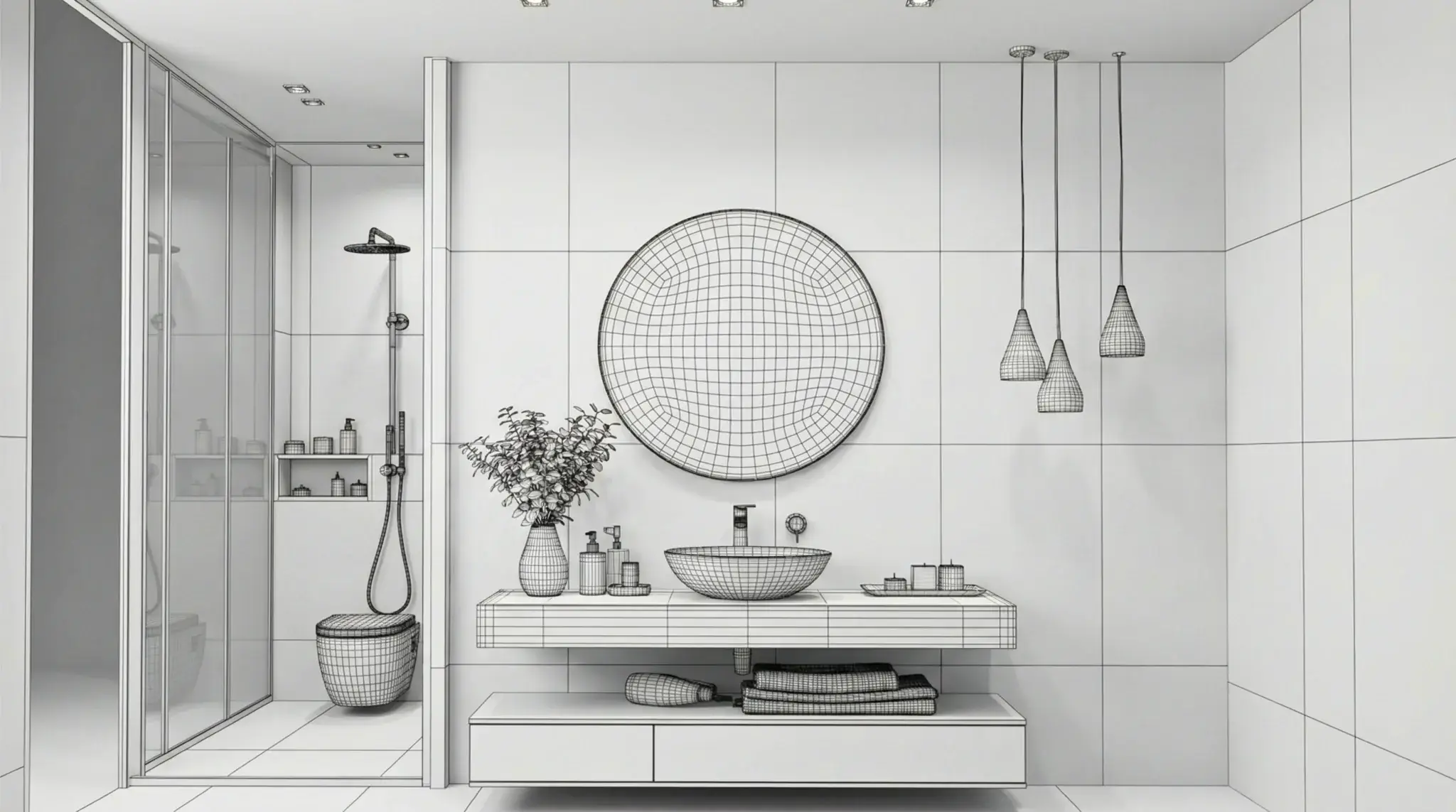 Minimalist bathroom wireframe render showing sink vanity, round mirror, hanging lights and shower enclosure in line-based geometry