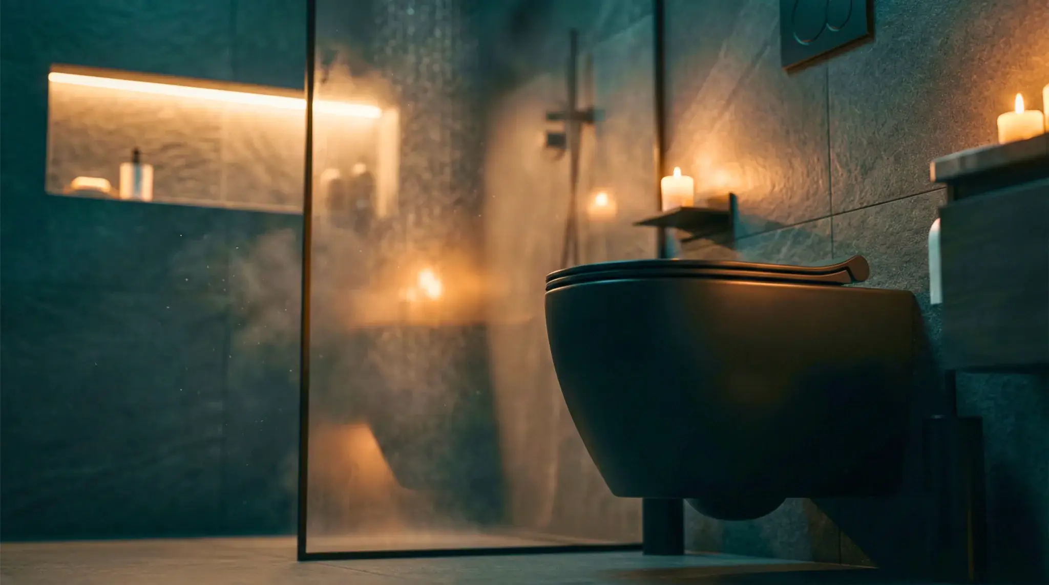Luxury wall-hung toilet in modern bathroom with glass shower enclosure, candle lighting, and warm ambient spa atmosphere