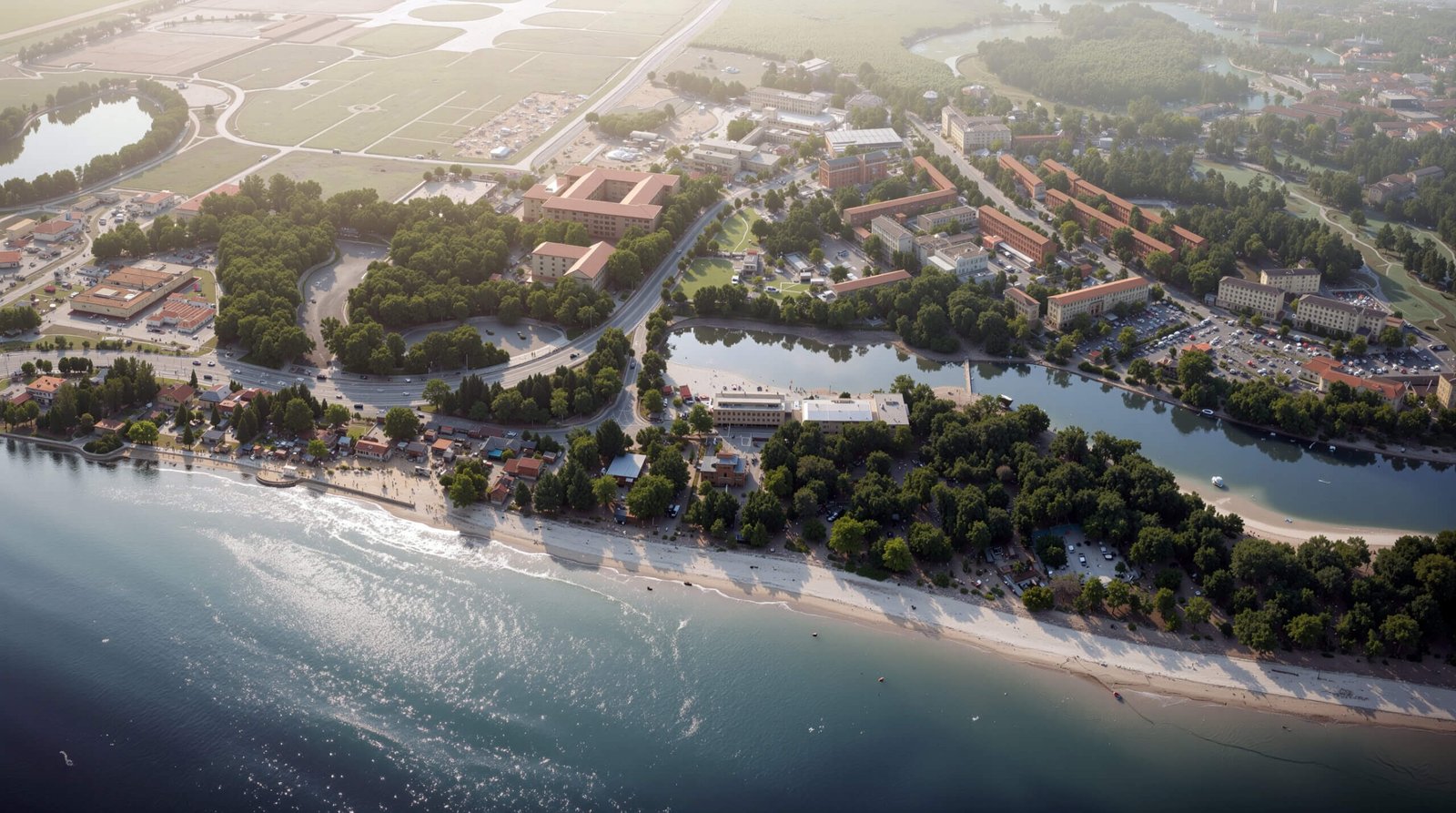 Aerial 3D rendering of a coastal resort masterplan with beachfront villas, greenery, and surrounding landscape