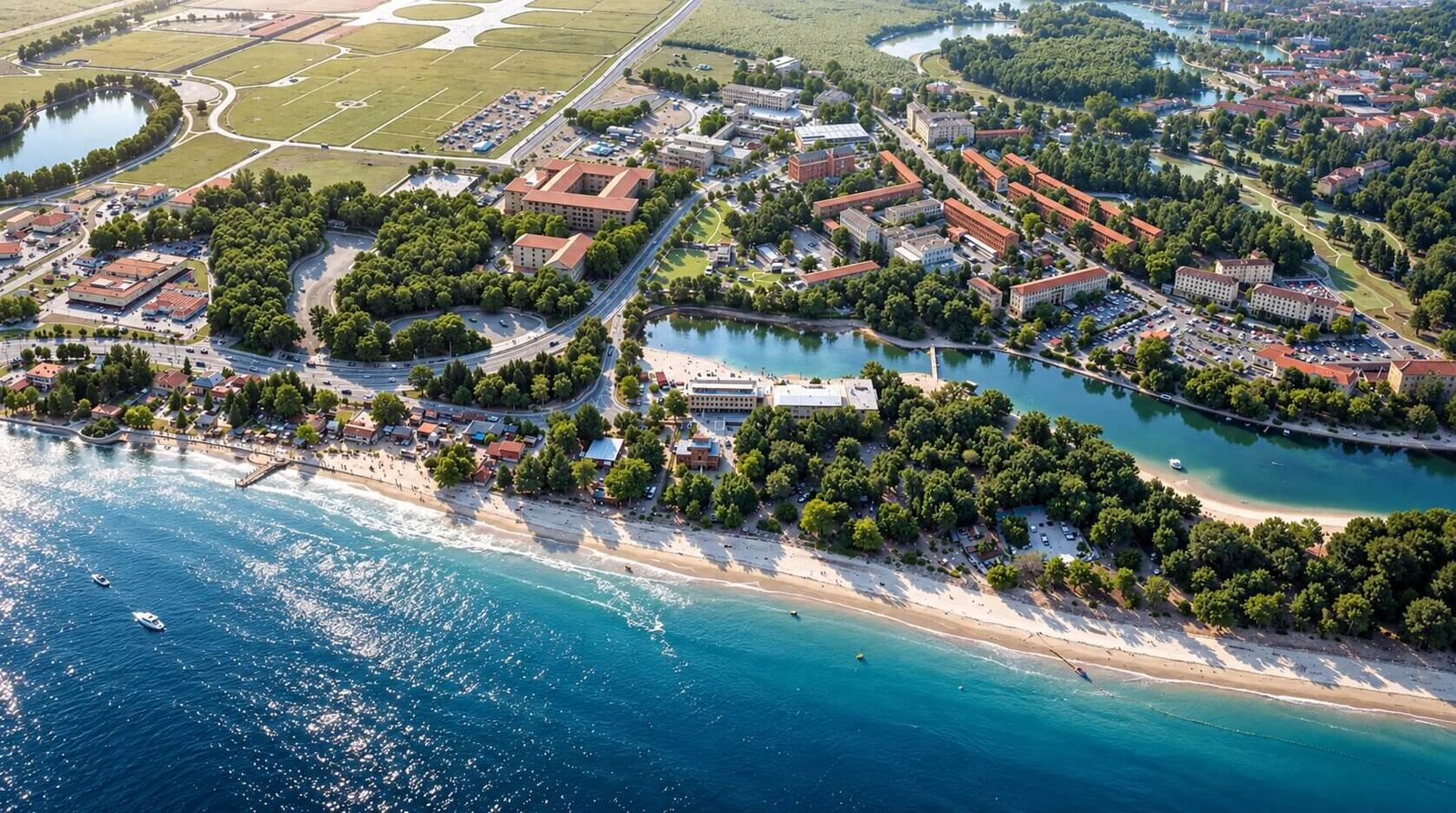 Aerial 3D rendering of a coastal resort masterplan — Exterior Elevation