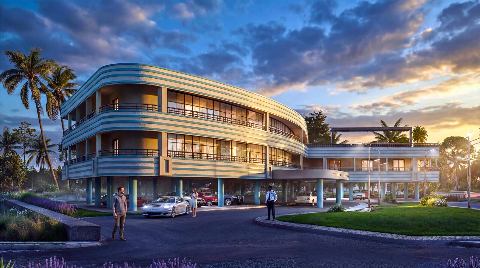 Modern curved apartment building with elevated structure, glass balconies, landscaped surroundings, and warm sunset lighting in a contemporary residential development. – 3D architectural visualization by Yantram Studio