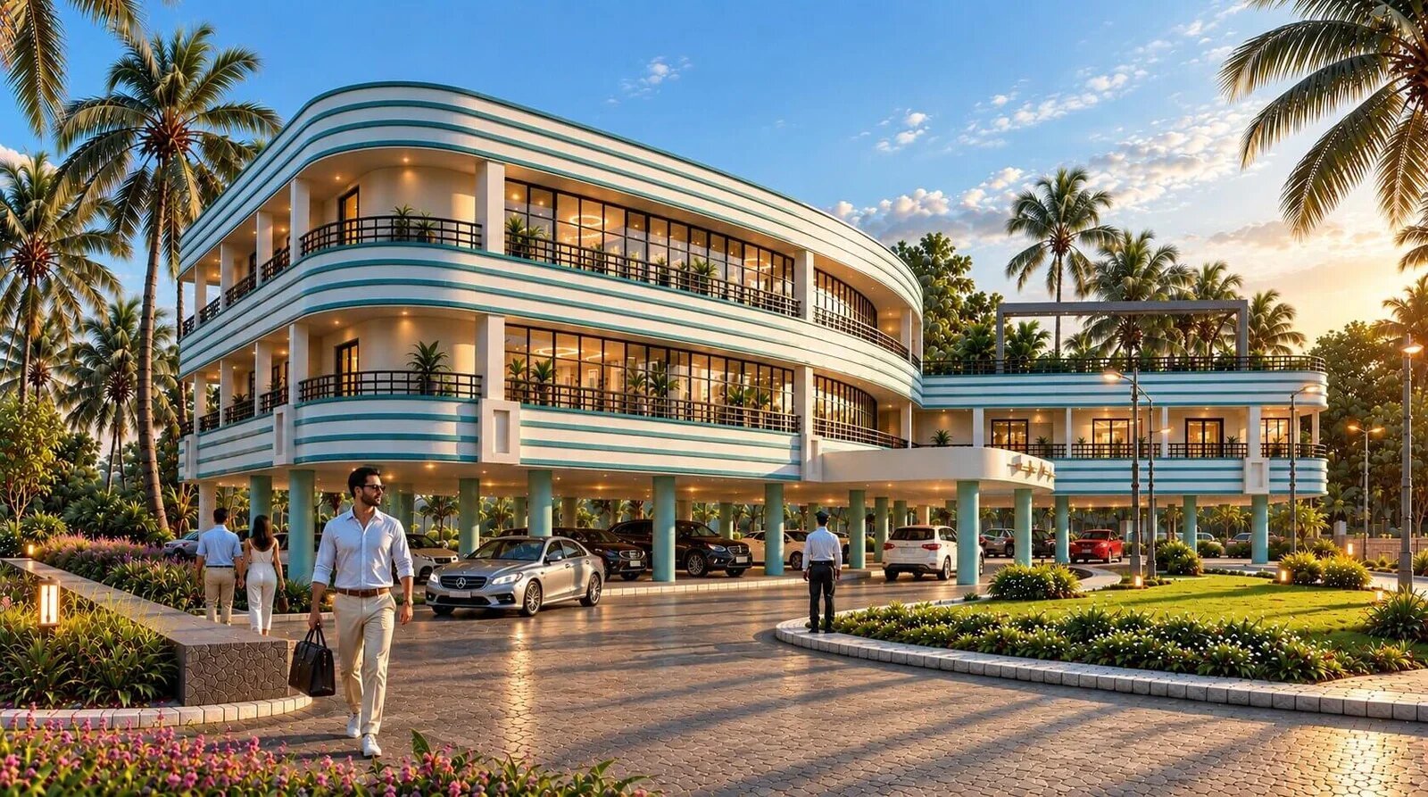 Modern curved apartment building with elevated structure, glass balconies, landscaped surroundings, and warm sunset lighting in a contemporary residential development. — Outdoor Living Spaces