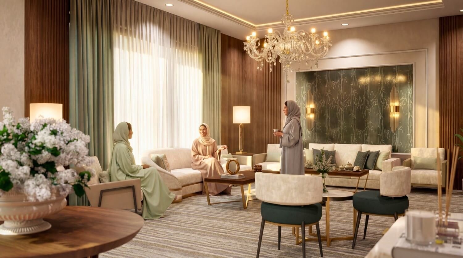 Female majlis living room render featuring soft cream furniture, green curtains, and crystal chandelier