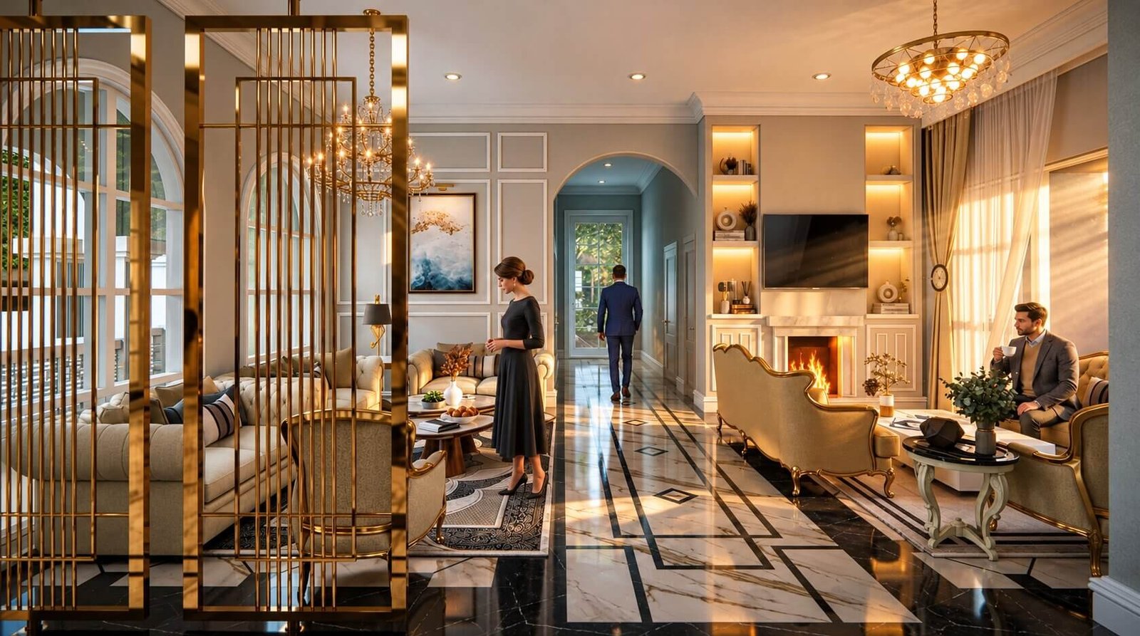 A sophisticated living room with detailed decor and furnishings — Luxury Home 3D Visualization
