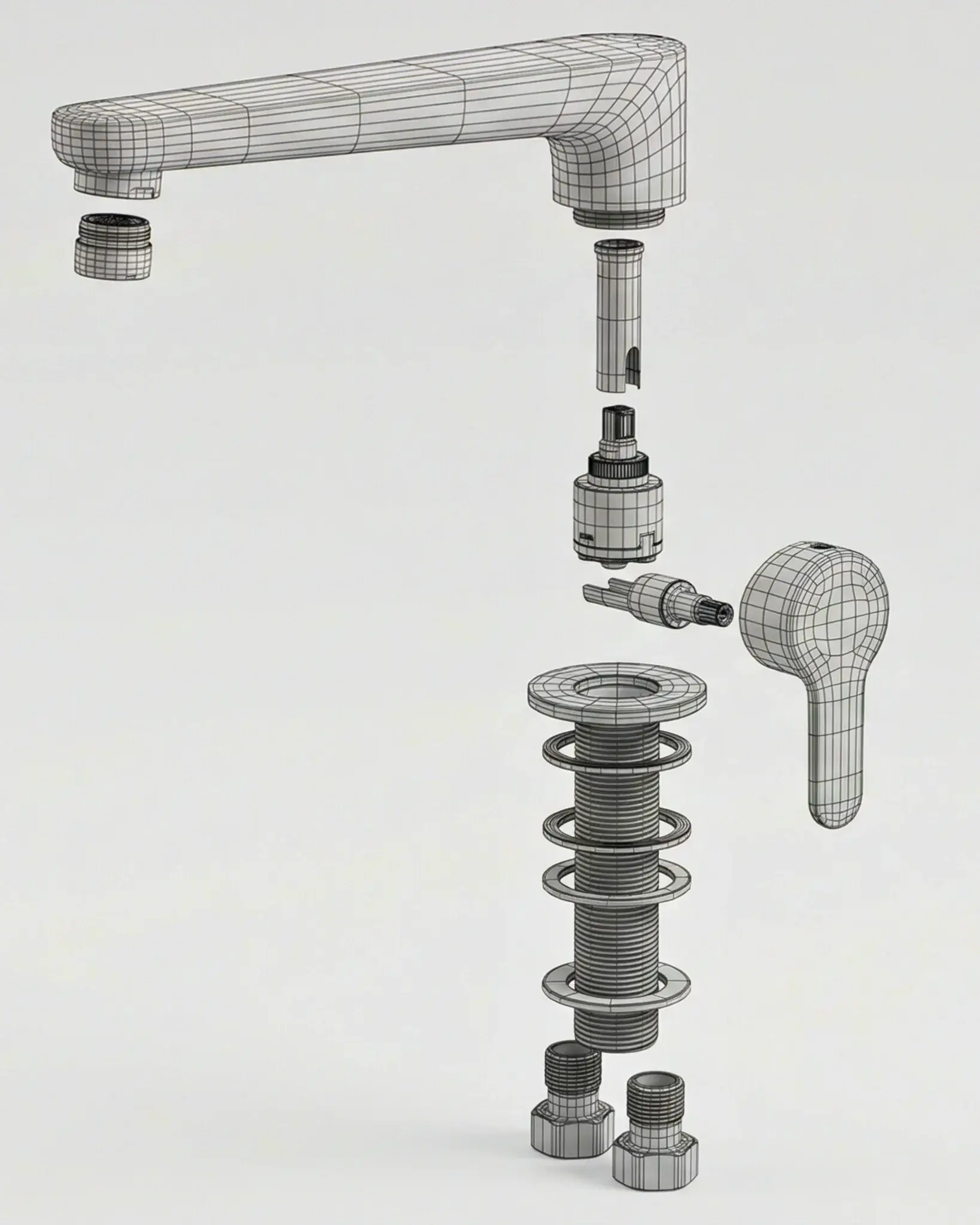 Wireframe exploded view of wall-mounted faucet showing spout, handle, valve cartridge and internal spring components layered vertically