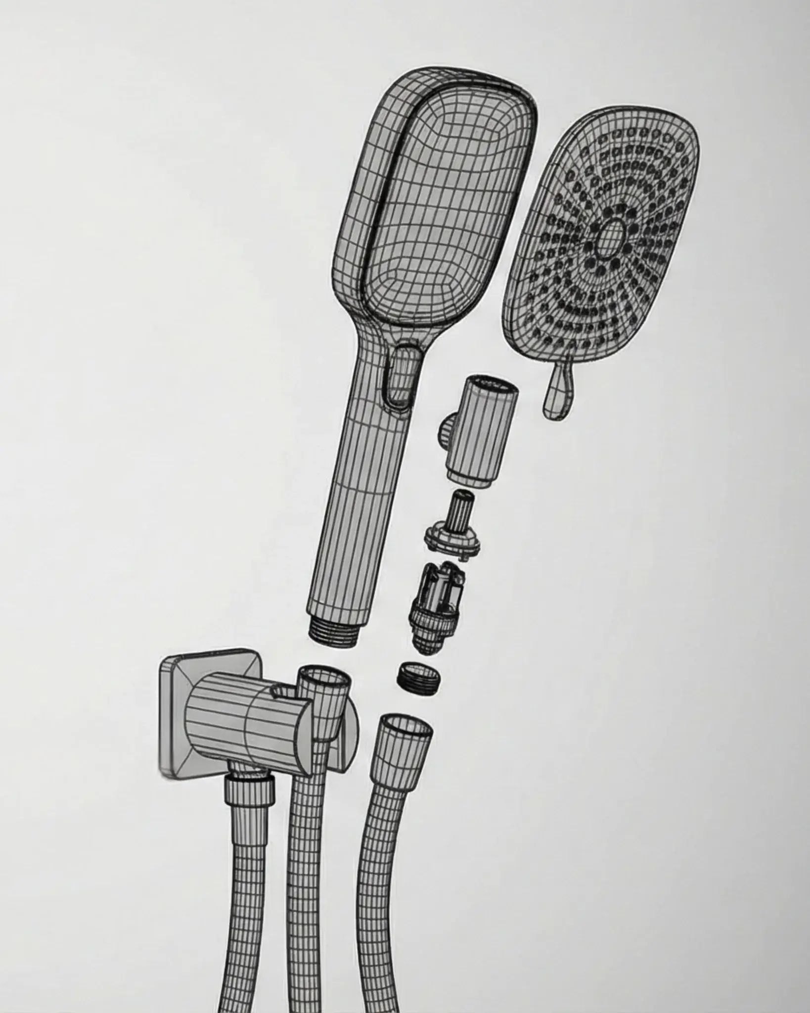 3D wireframe exploded view of handheld shower showing head, nozzle plate, internal cartridge, hose, and wall mount components