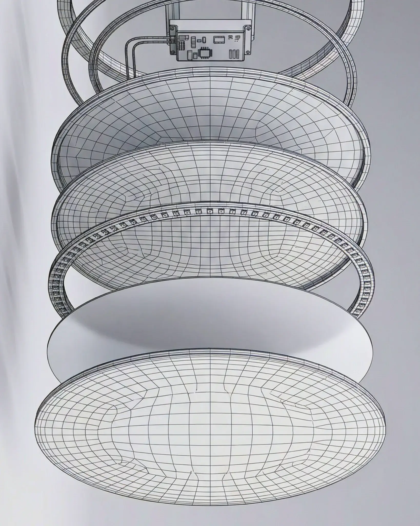 Exploded wireframe view of faucet with multiple internal layers showing valve cartridge, spring mechanisms and component separation
