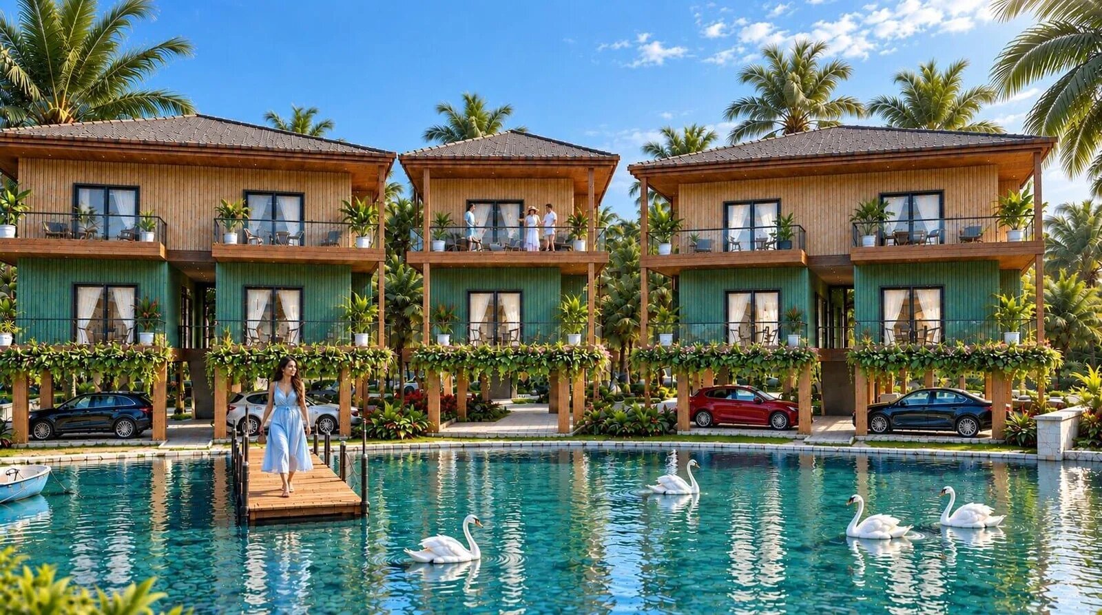 Luxury lakefront villas with modern architecture, balconies, waterfront views, swans in the lake, and warm evening lighting in a premium residential community. — Luxury Pool Visualized