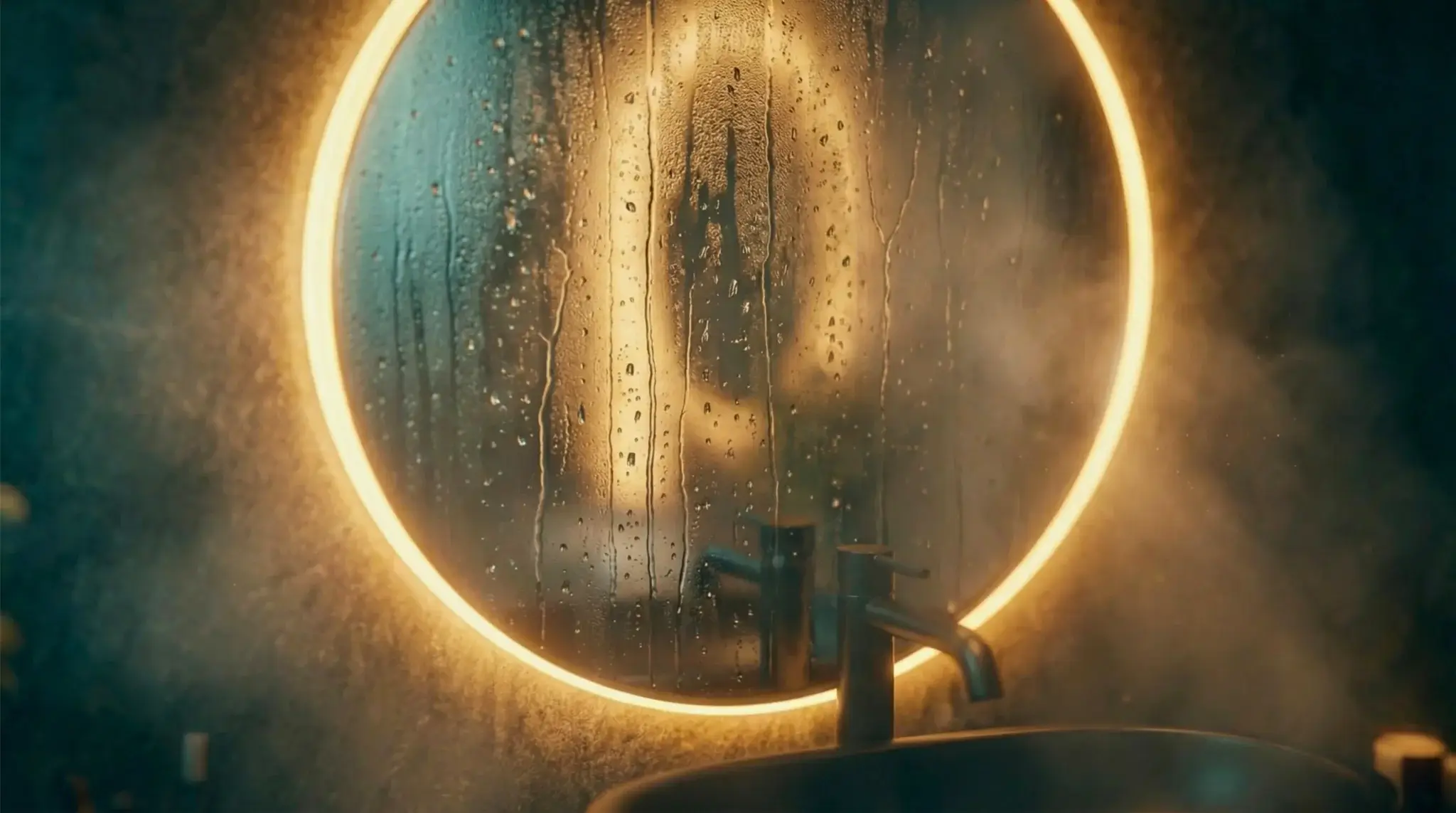 Modern bathroom LED round mirror with fogged glass and matte black faucet in cinematic lighting