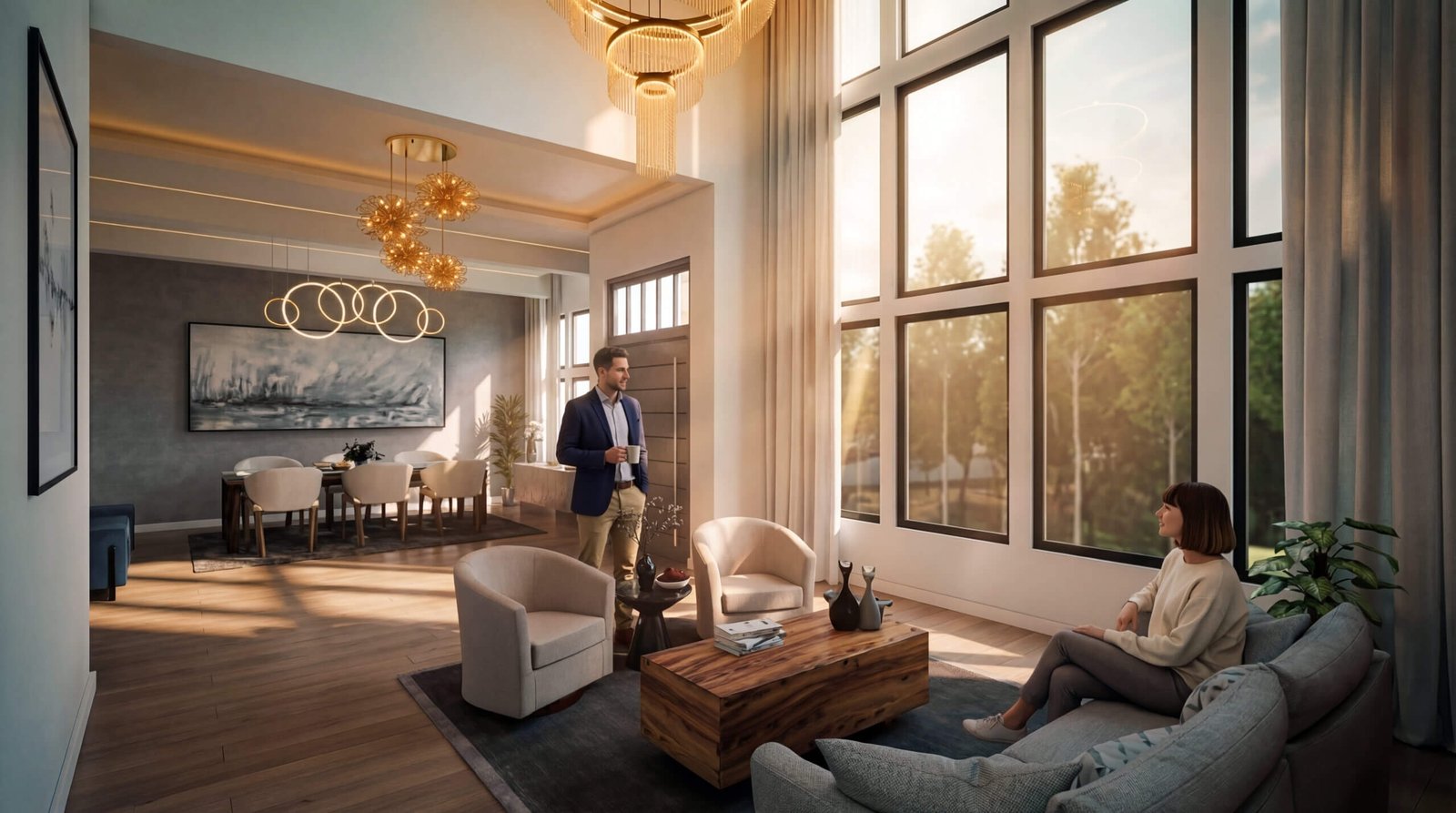 Modern luxury living and dining room with double-height windows, chandelier lighting, and elegant furniture in warm natural light– 3D interior rendering  by Yantram Studio