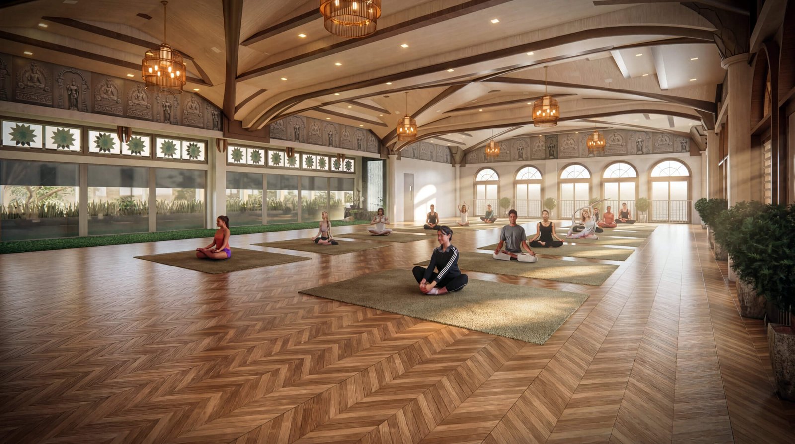 Spacious luxury yoga studio interior with wooden flooring, large windows, and people practicing yoga in a calm environment – 3D architectural visualization by Yantram Studio