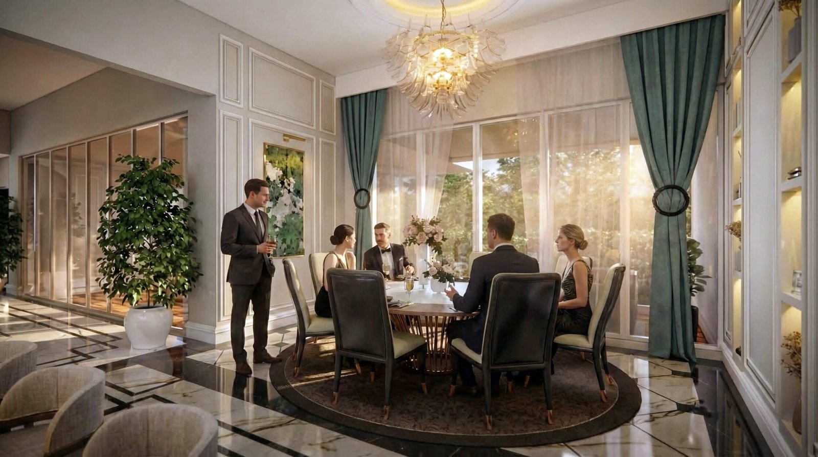 Luxury dining room interior with elegant chandelier, marble flooring, floor-to-ceiling windows, green drapes, and formal dining setup with people in a premium residential space by Yantram Studio