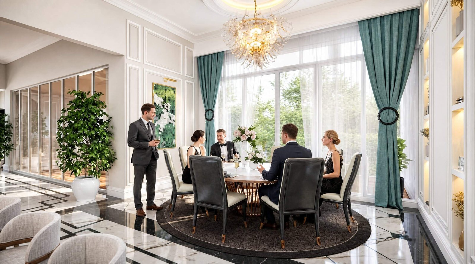 Luxury dining room with curved seating, chandelier, and staged dinner setting for formal entertaining