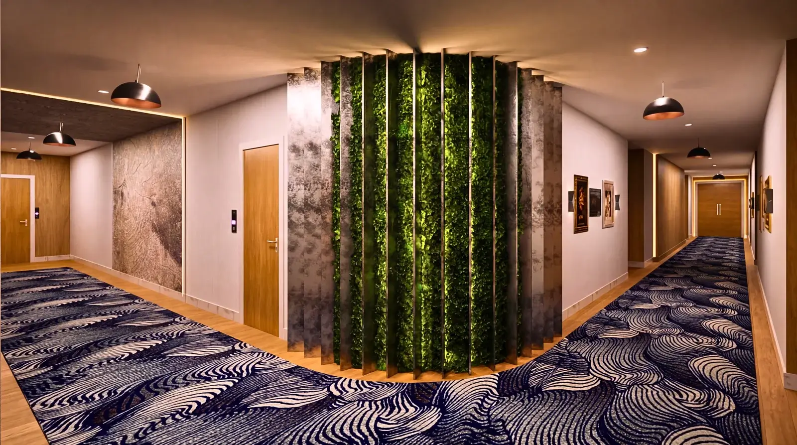 Luxury hotel hallway interior with green wall feature, patterned carpet, wooden doors, and modern ambient lighting