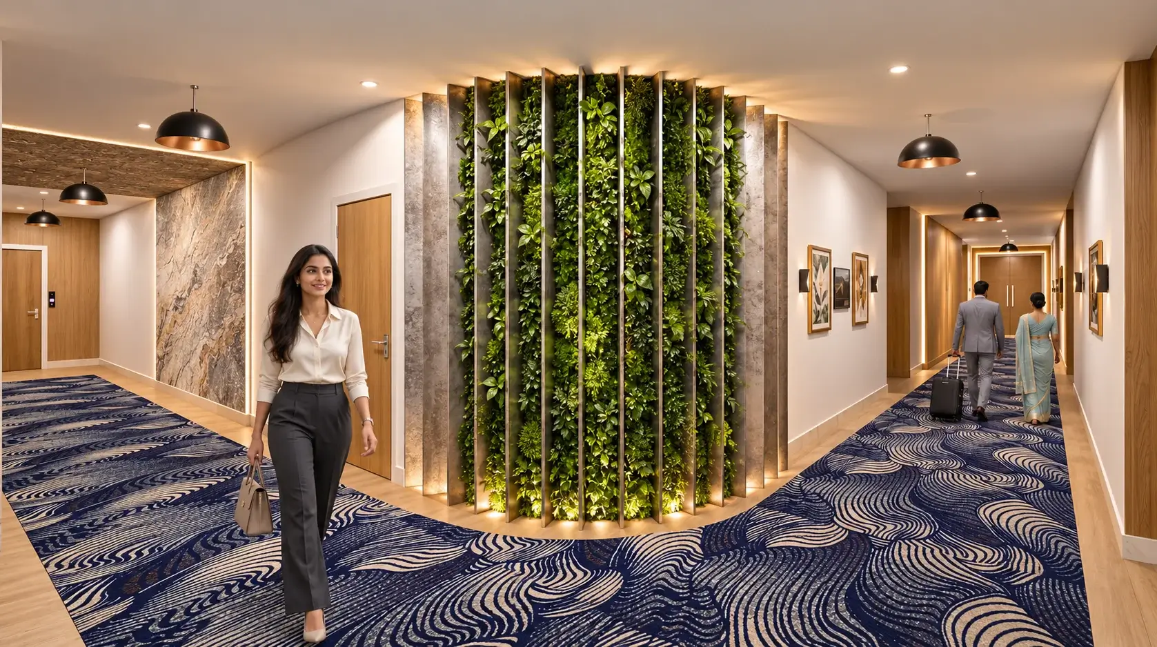 Luxurious hotel hallway featuring green wall design — Fashion Store Interior Visualization