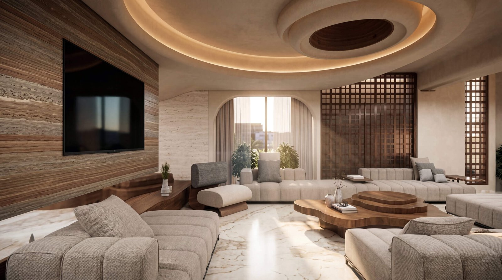 Luxury modern living room interior with curved ceiling, wooden accents, marble flooring, and warm ambient lighting