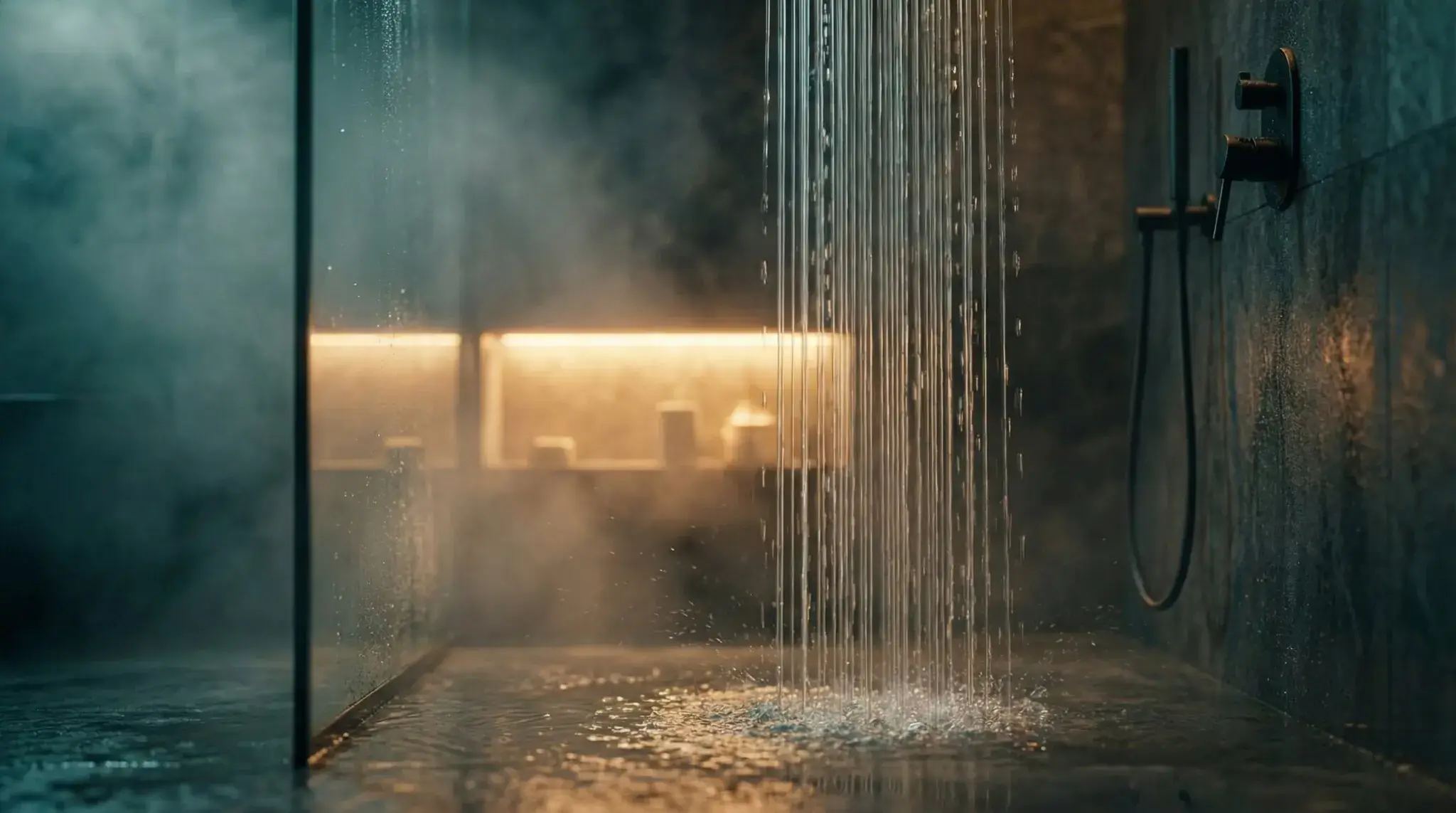 Luxury rainfall shower interior with glass enclosure, flowing water, steam effect, and warm ambient lighting
