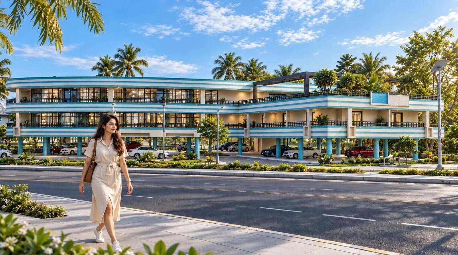 Modern apartment building with curved architecture, elevated structure, open parking, landscaped surroundings, and warm evening lighting in a contemporary residential development. — Outdoor Living Spaces