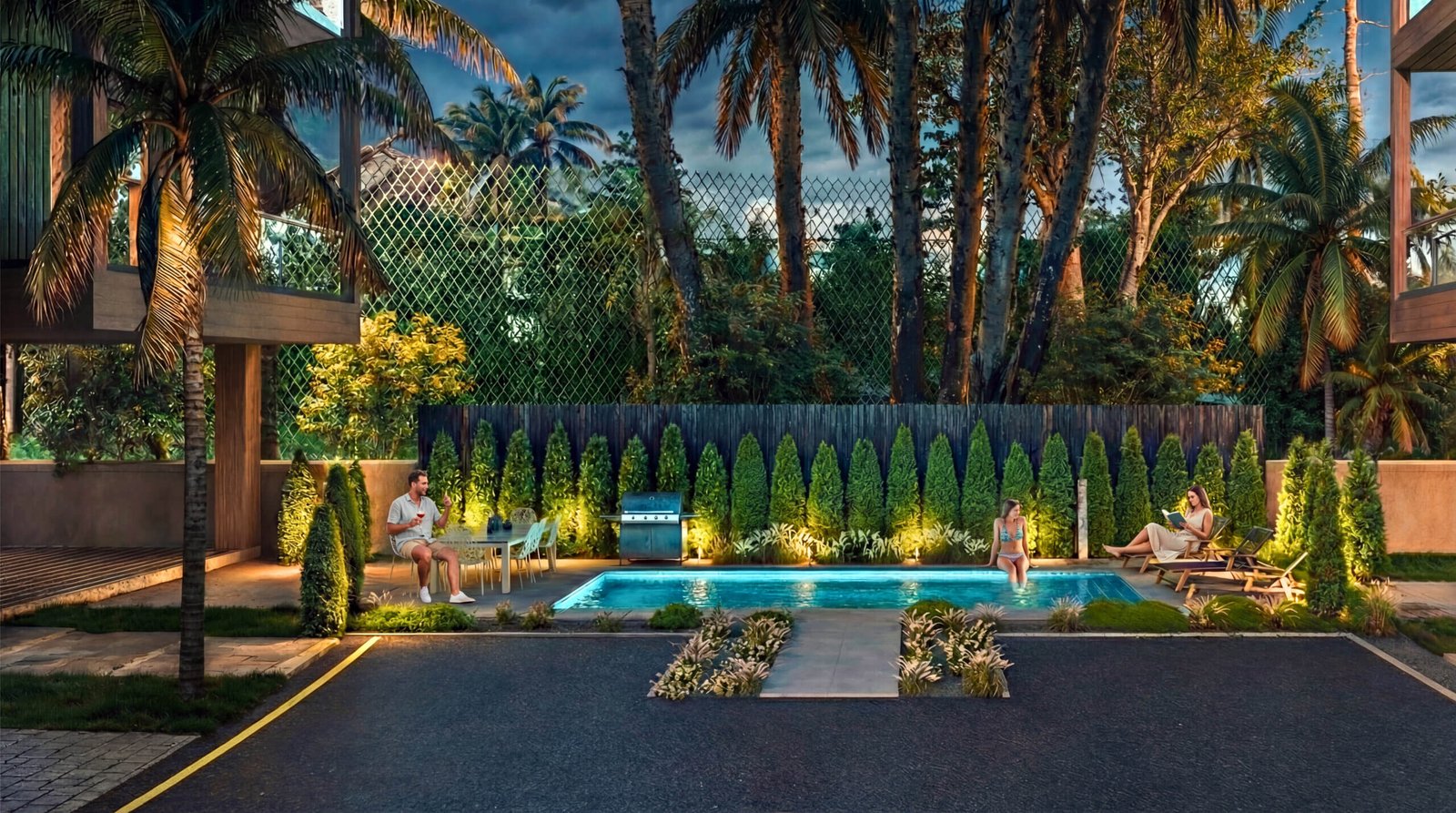 Modern backyard pool design with landscaped garden, outdoor seating, warm ambient lighting, and tropical greenery in a luxury residential setting – 3D exterior rendering by Yantram Studio