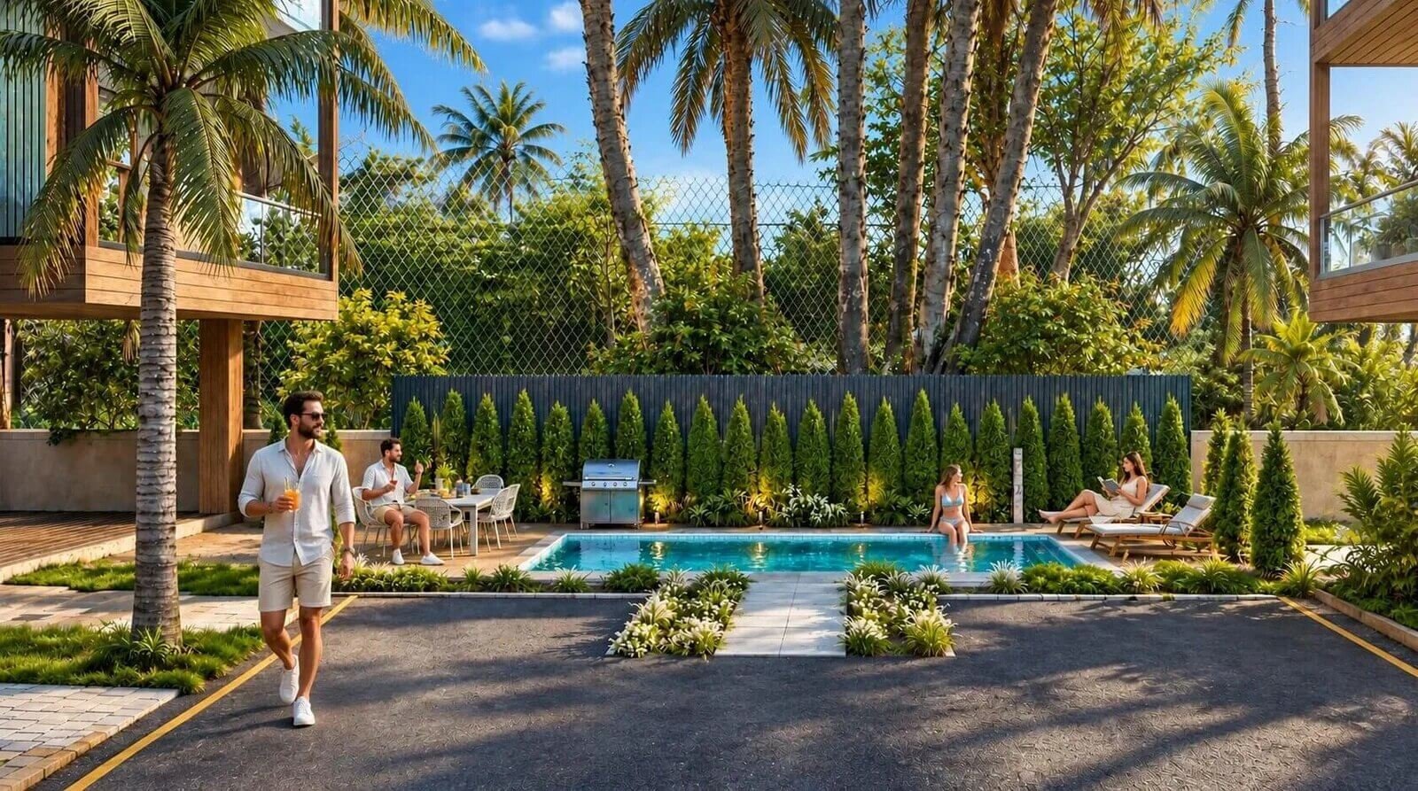 Modern backyard pool design with landscaped garden, outdoor seating, warm ambient lighting, and tropical greenery in a luxury residential setting. — Luxury Pool Visualized