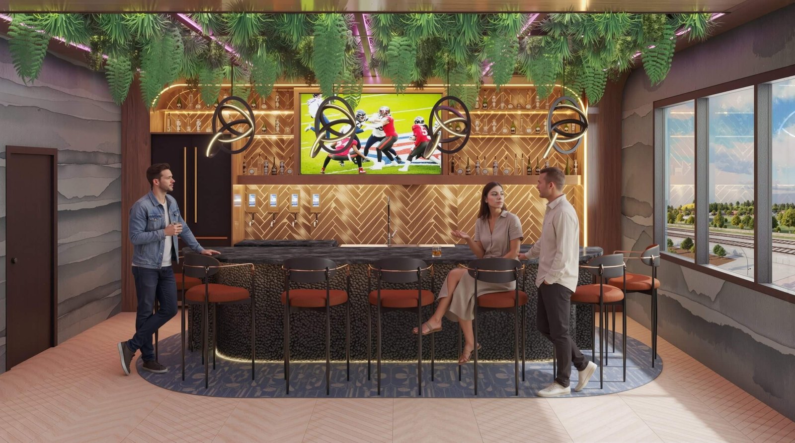 Modern bar interior with stylish counter, hanging greenery ceiling, LED lighting, bar stools, and people socializing in a contemporary lounge