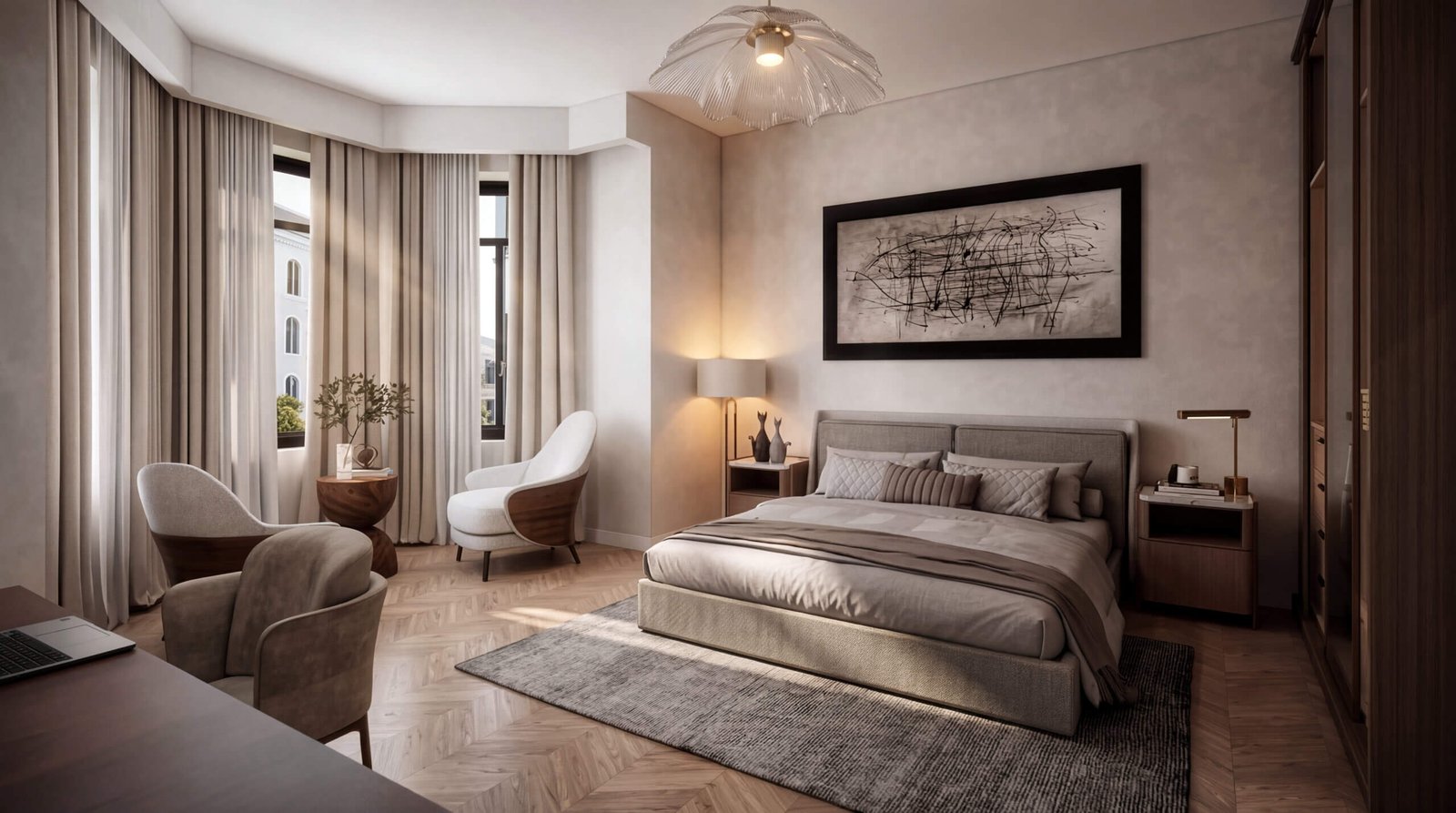 Modern bedroom interior with neutral tones, upholstered bed, cozy seating area, and soft ambient lighting-3D architectural visualization by Yantram Studio