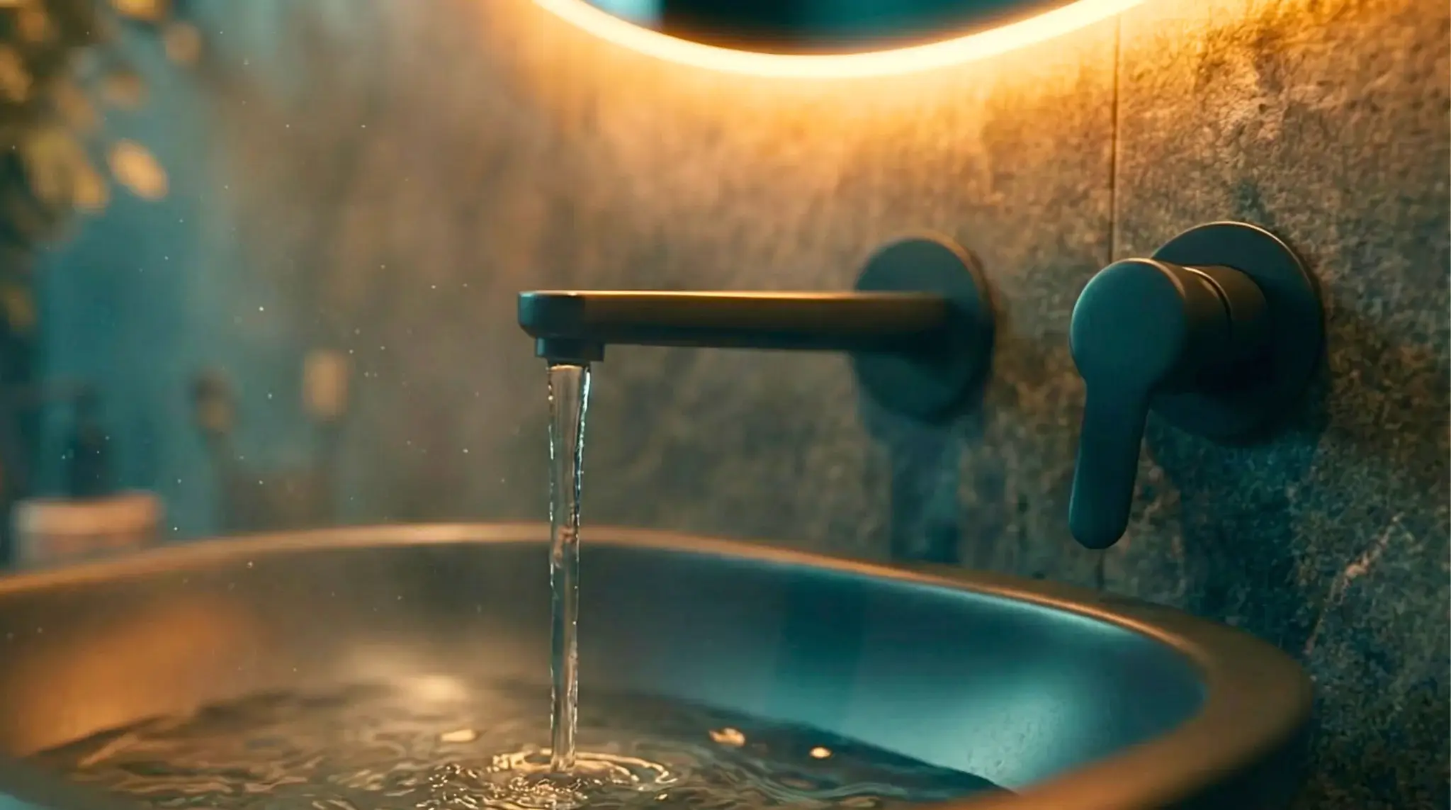 Modern wall-mounted faucet with running water over matte black sink, warm LED mirror lighting, and textured stone wall