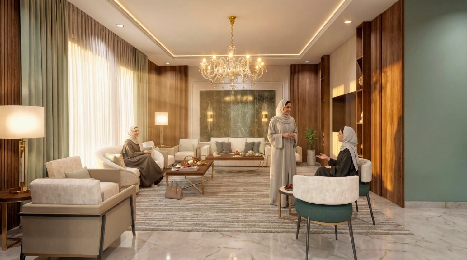 Modern female majlis interior with elegant seating, chandelier lighting, wooden panel walls, and women in traditional attire in a luxury living space
