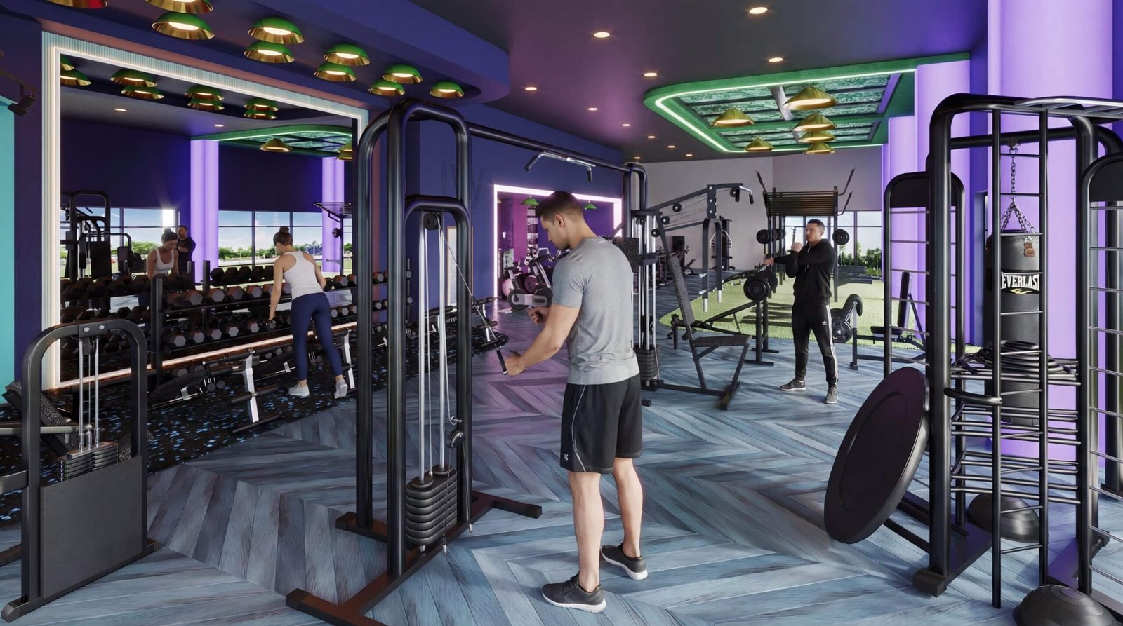 Modern fitness gym interior with strength machines, free weights area, mirrored wall, and people exercising in a contemporary workout space