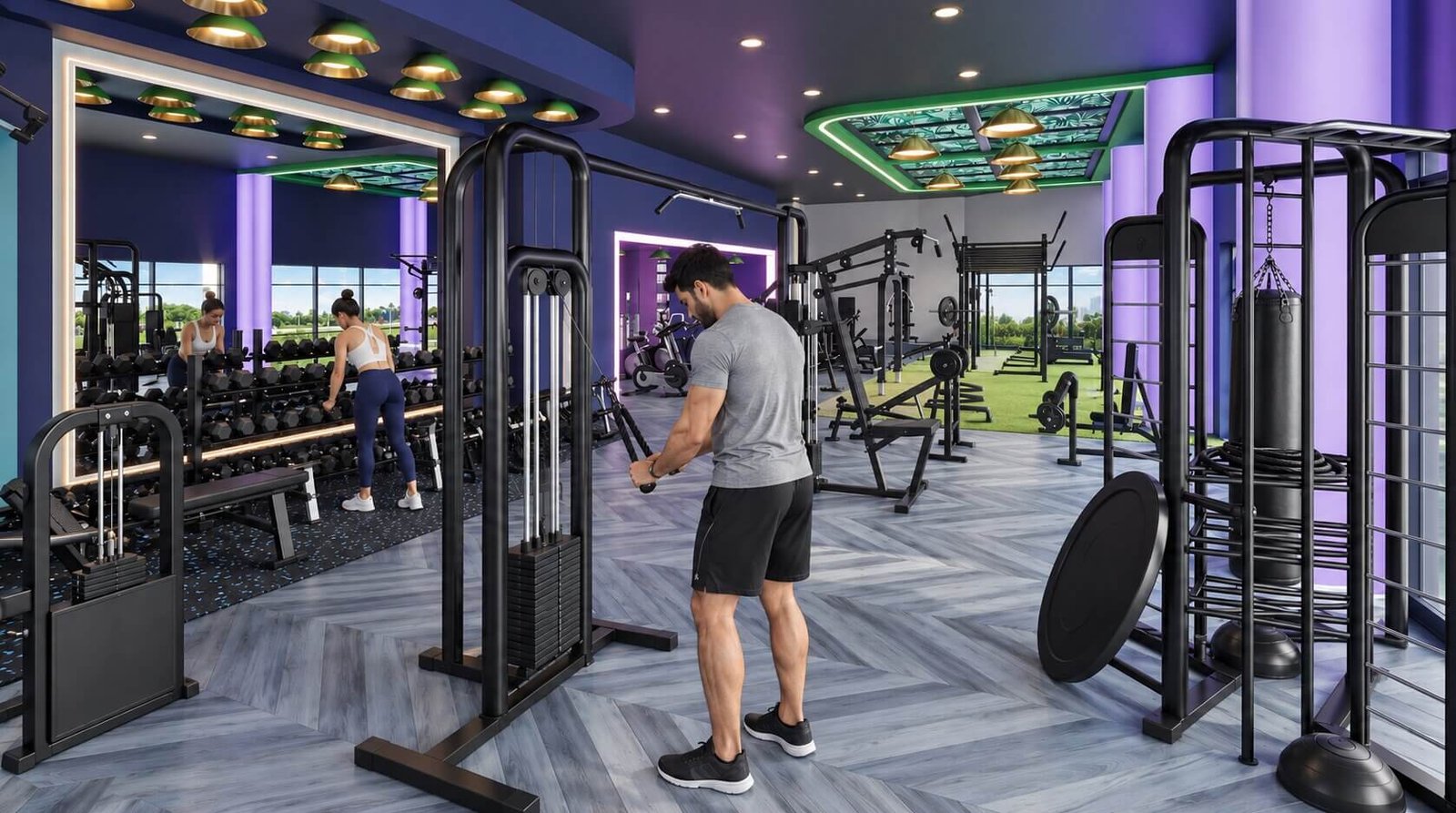 Modern fitness gym interior with vibrant design — Commercial Interior Rendering Services