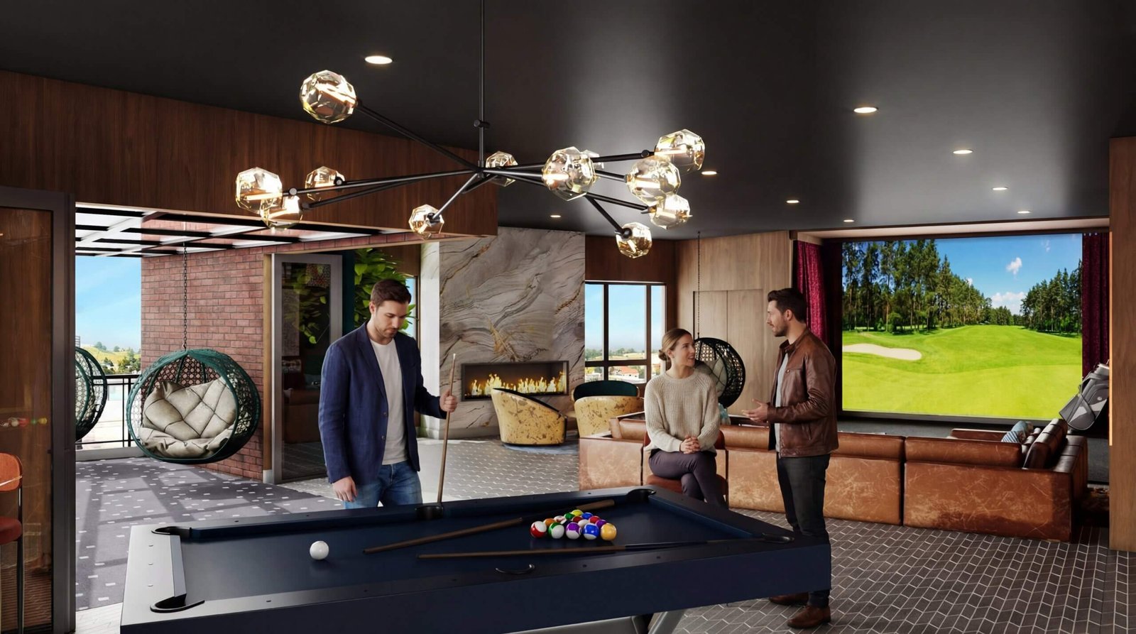 Modern luxury game room interior with pool table, fireplace lounge, golf simulator screen, and stylish seating area