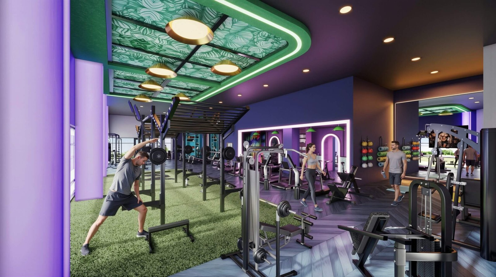 Modern gym interior with fitness equipment, strength training area, colorful lighting, and people working out in a contemporary fitness center