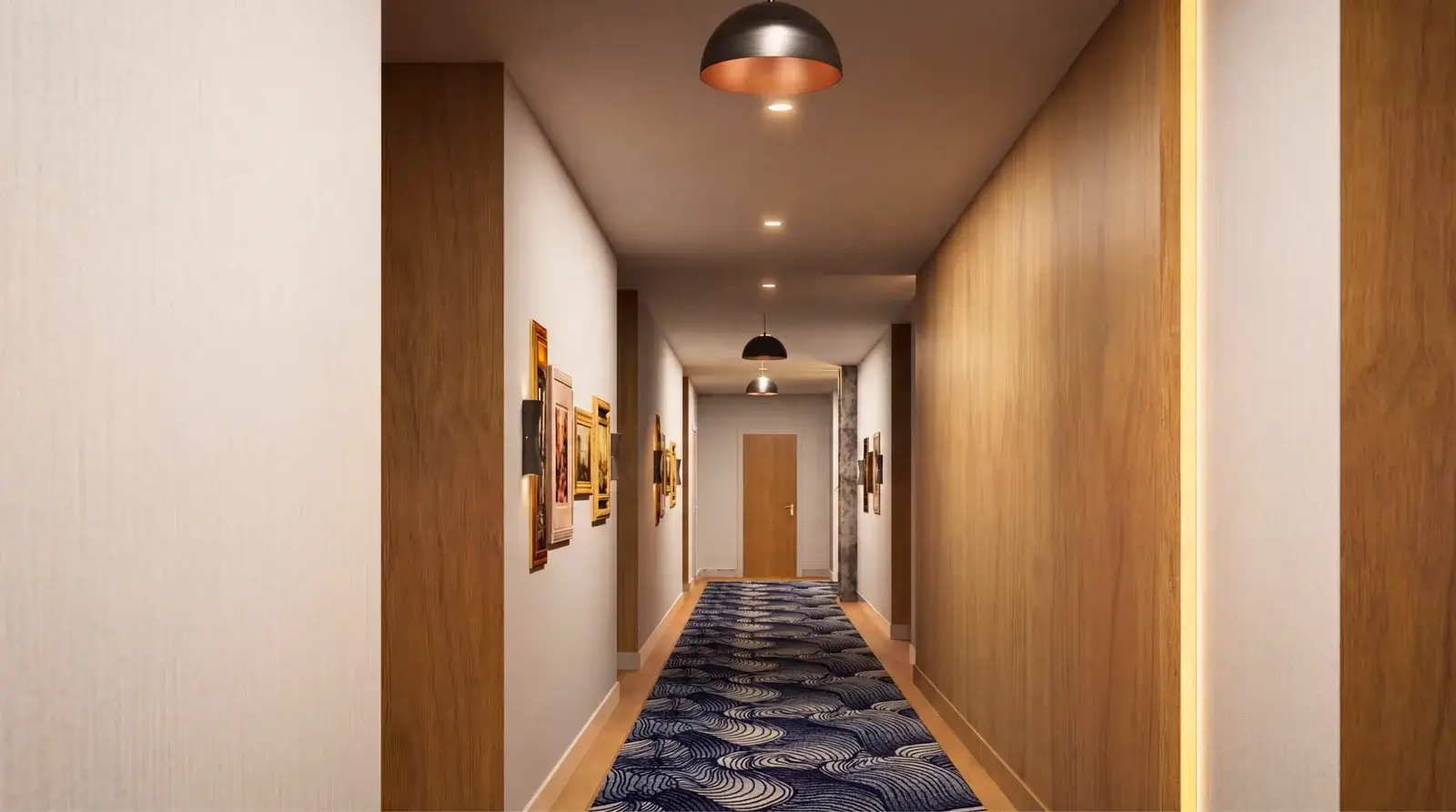 Modern hotel hallway interior with patterned carpet, wooden wall panels, framed artwork, and warm ambient lighting