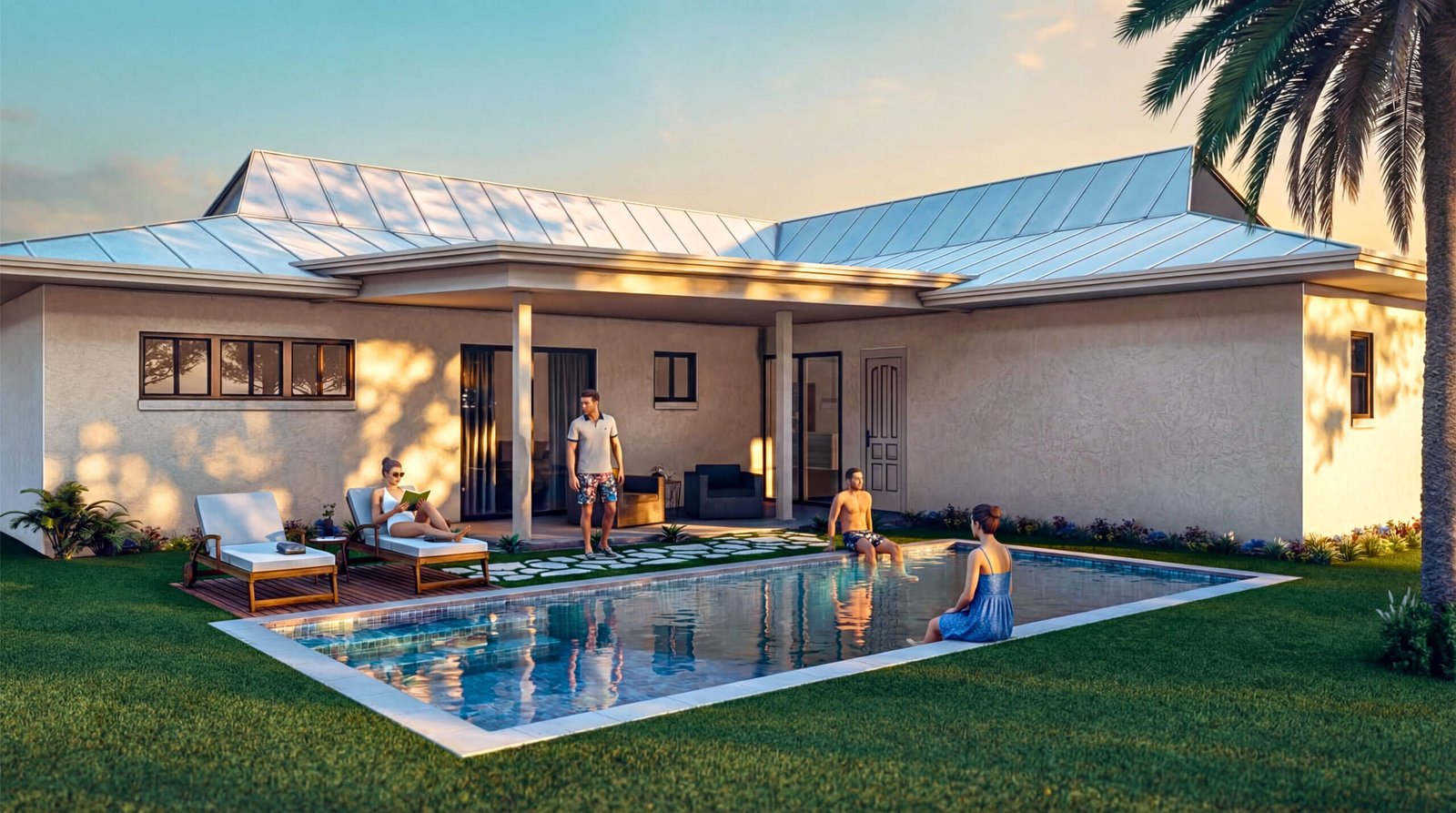 Modern California Residential Exterior Rendering with Poolside Living and Sunset Ambiance