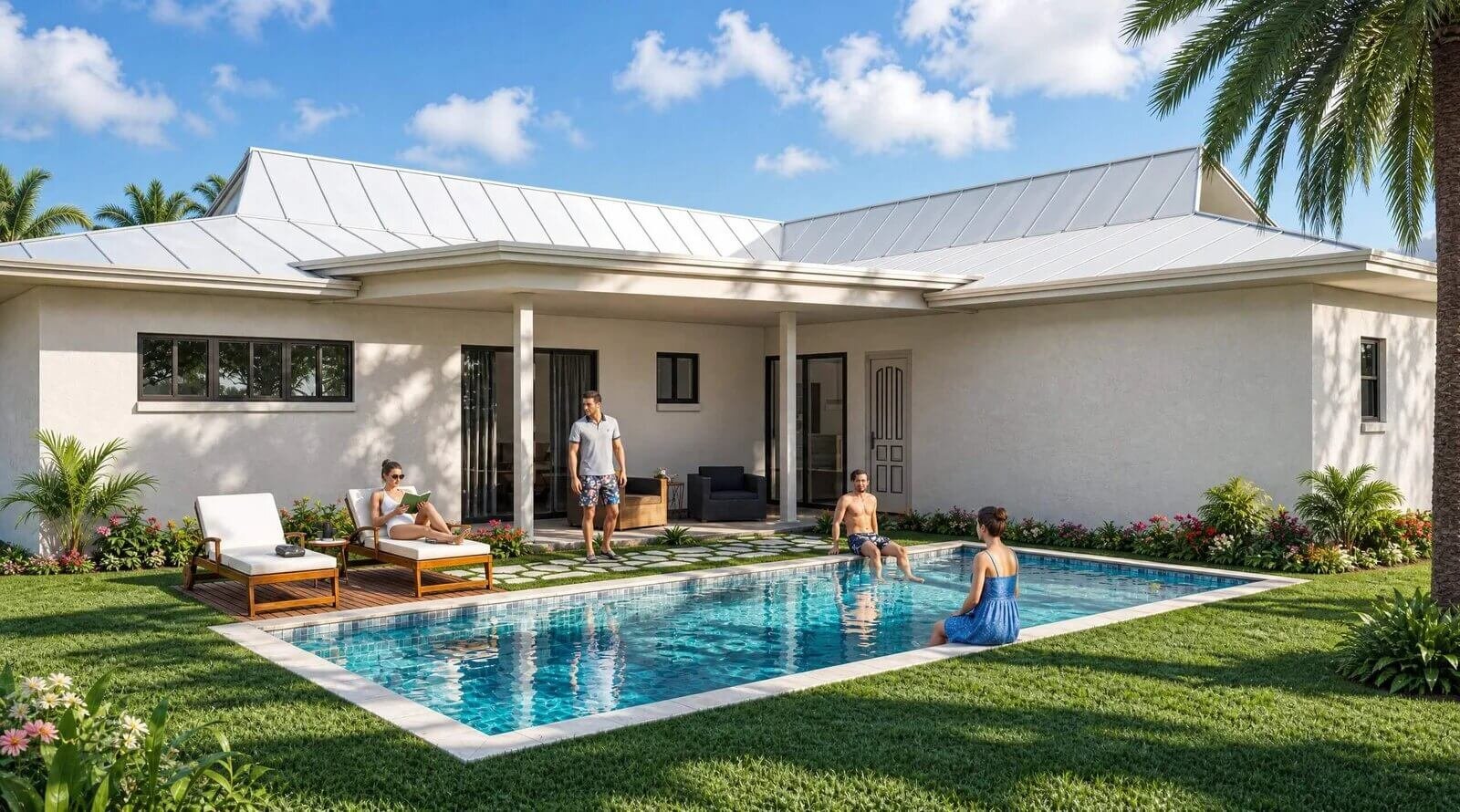 Modern California home exterior with swimming pool, patio seating, landscaped grounds and warm sunset ambiance