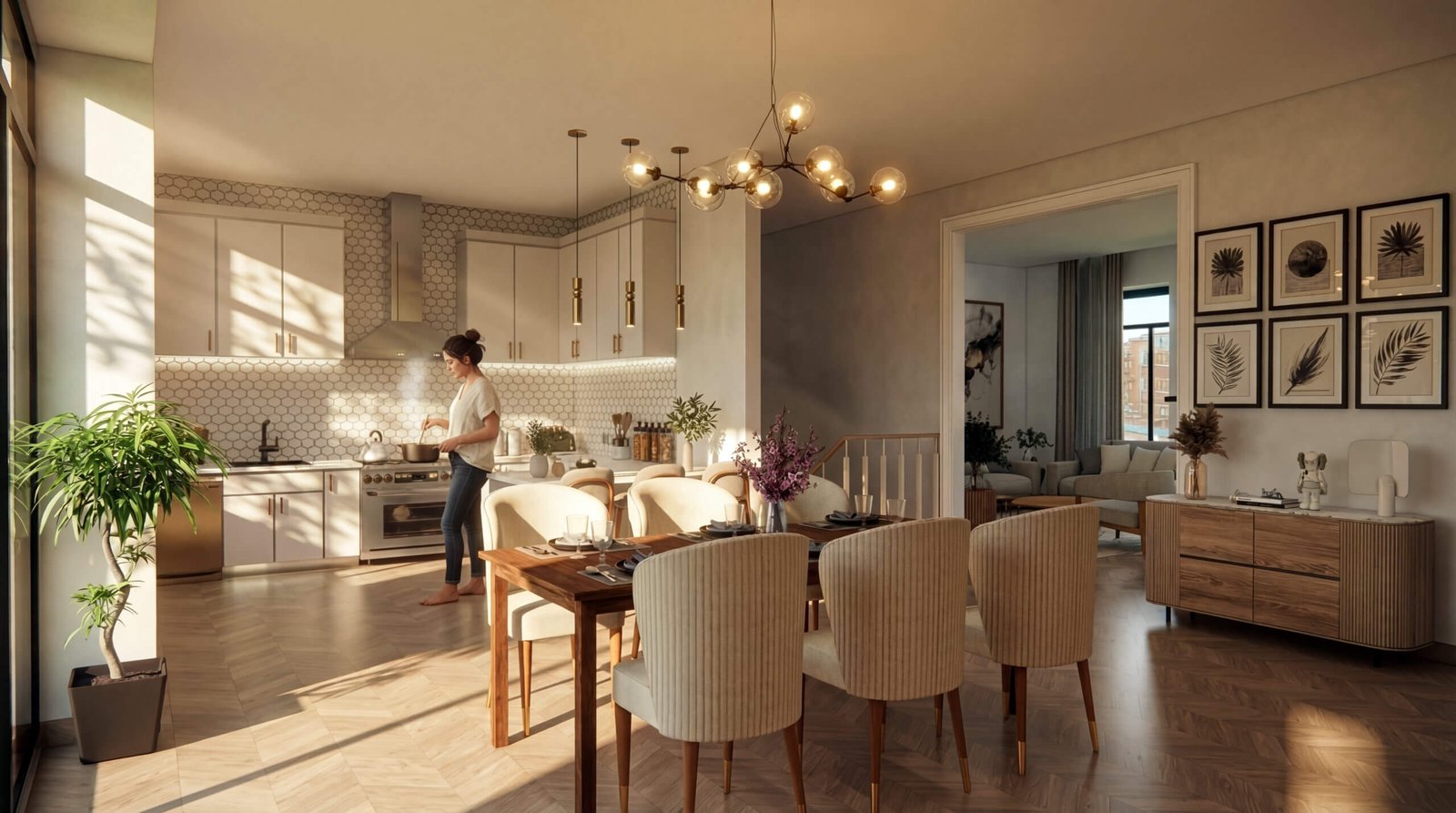 Modern kitchen and dining room interior with wooden table, upholstered chairs, warm lighting, and open living layout by Yantram Studio