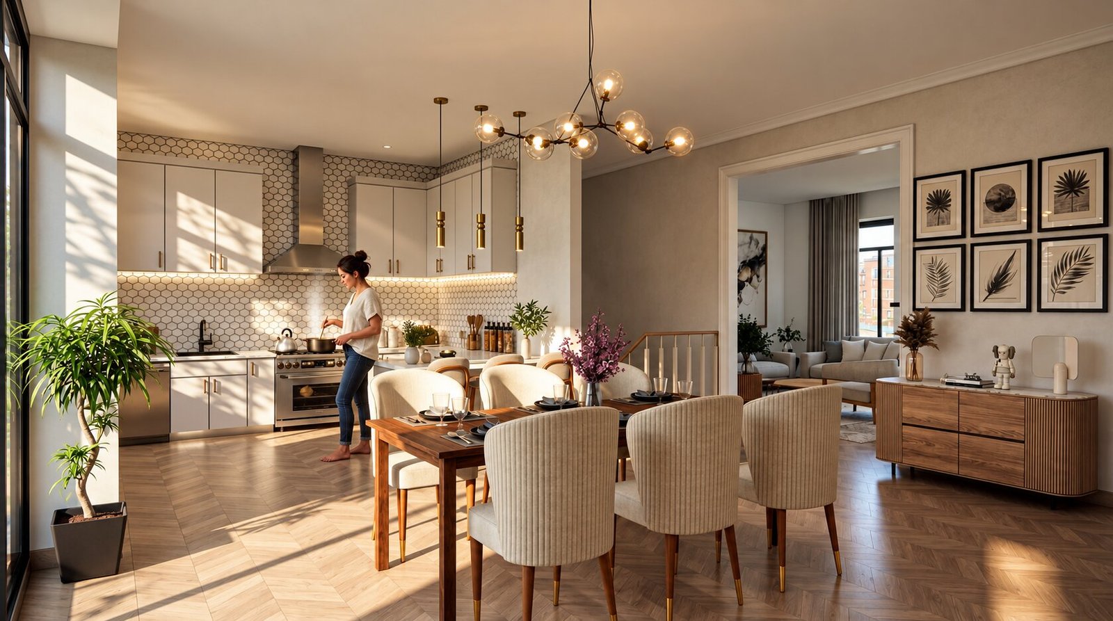 Modern kitchen and dining room rendered in photorealistic detail.