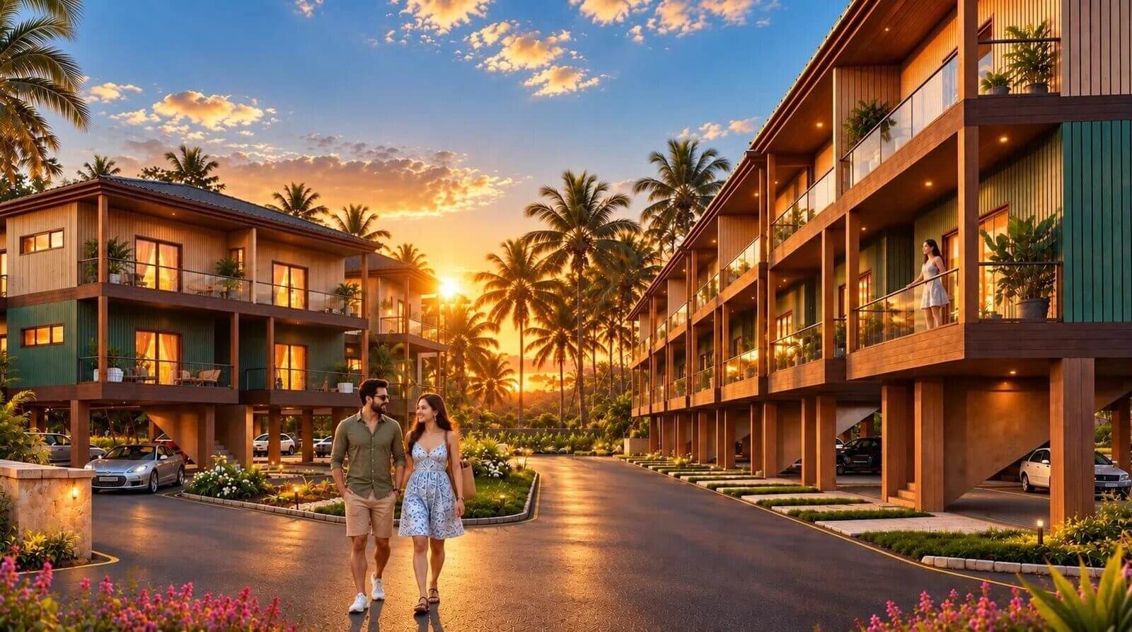 Modern luxury villas with elevated design, wooden facades, balconies, landscaped streets, and tropical surroundings in a premium residential community at sunset.