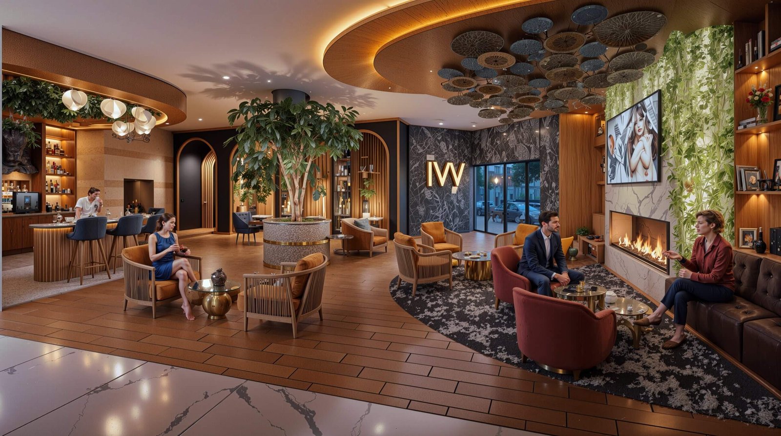 Luxury modern lounge bar interior with fireplace seating, indoor greenery, designer ceiling, and stylish bar area in a contemporary space