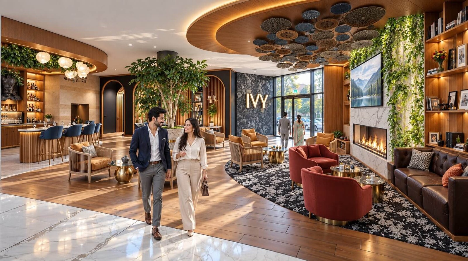 Chic lounge area with greenery and modern decor — Hospitality 3D Animation New York