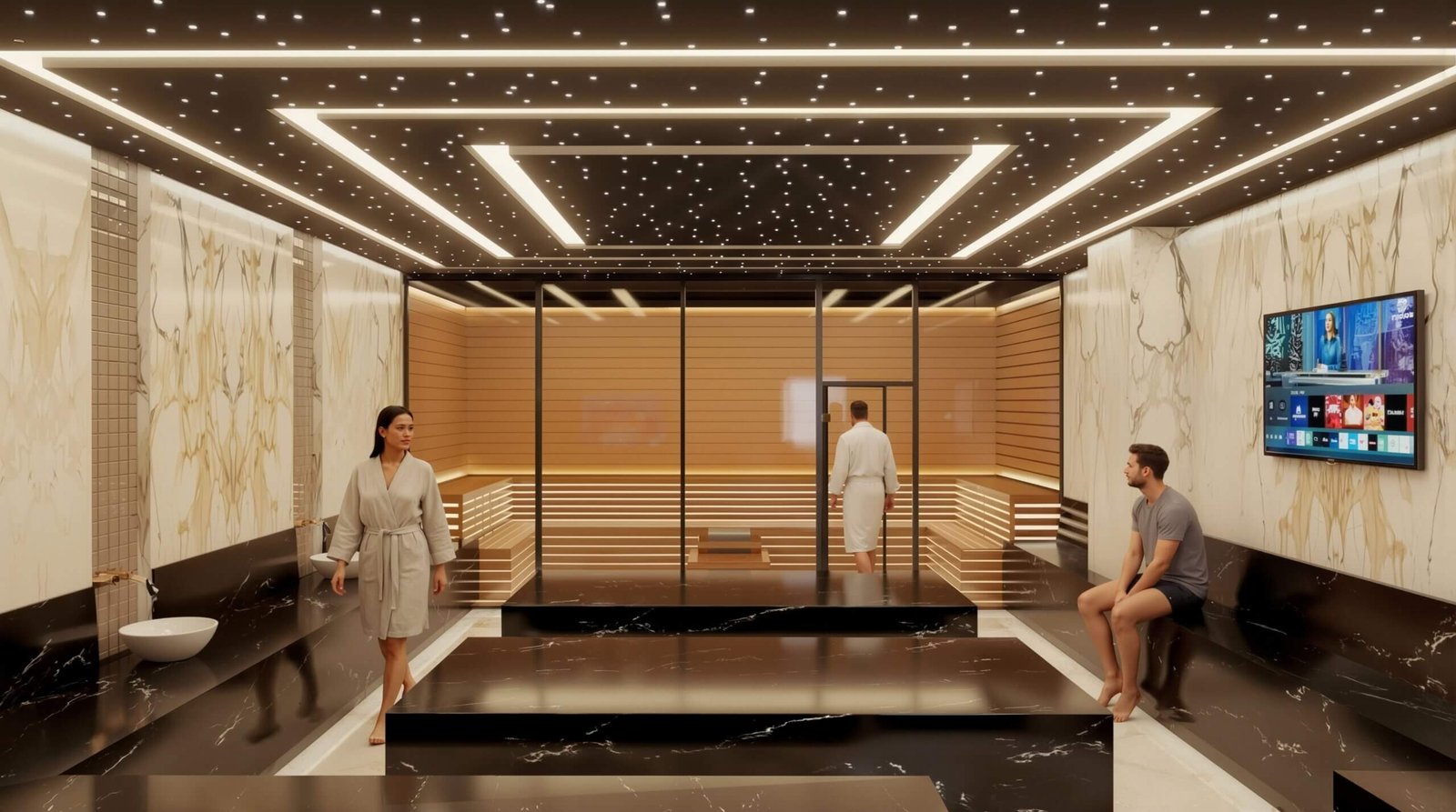 Luxury modern spa bathroom interior with sauna, marble walls, LED ceiling lighting, and relaxation seating area