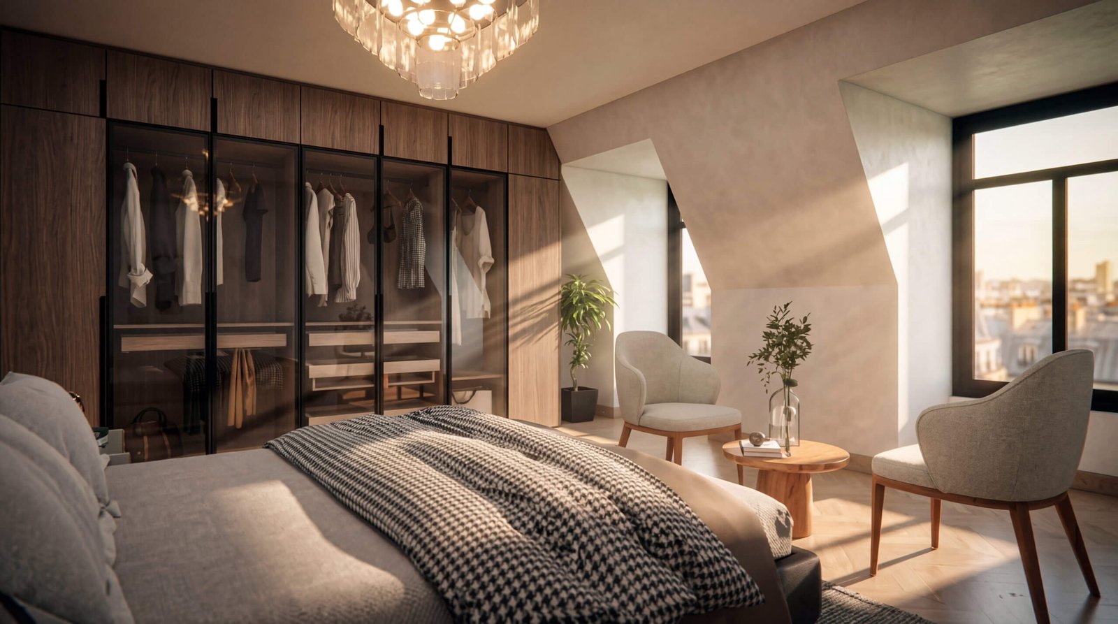 Modern luxury bedroom interior with glass wardrobe, cozy seating area, wooden finishes, and natural sunlight – 3D visualization by Yantram Studio