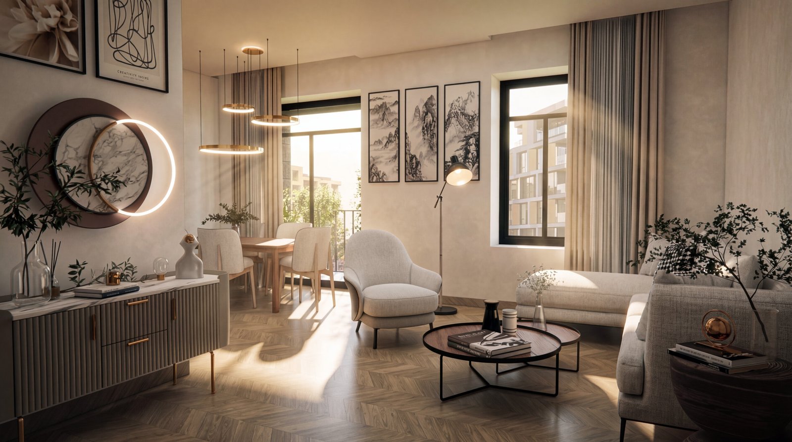 Modern luxury living room interior with dining area, soft neutral tones, pendant lighting, and natural sunlight