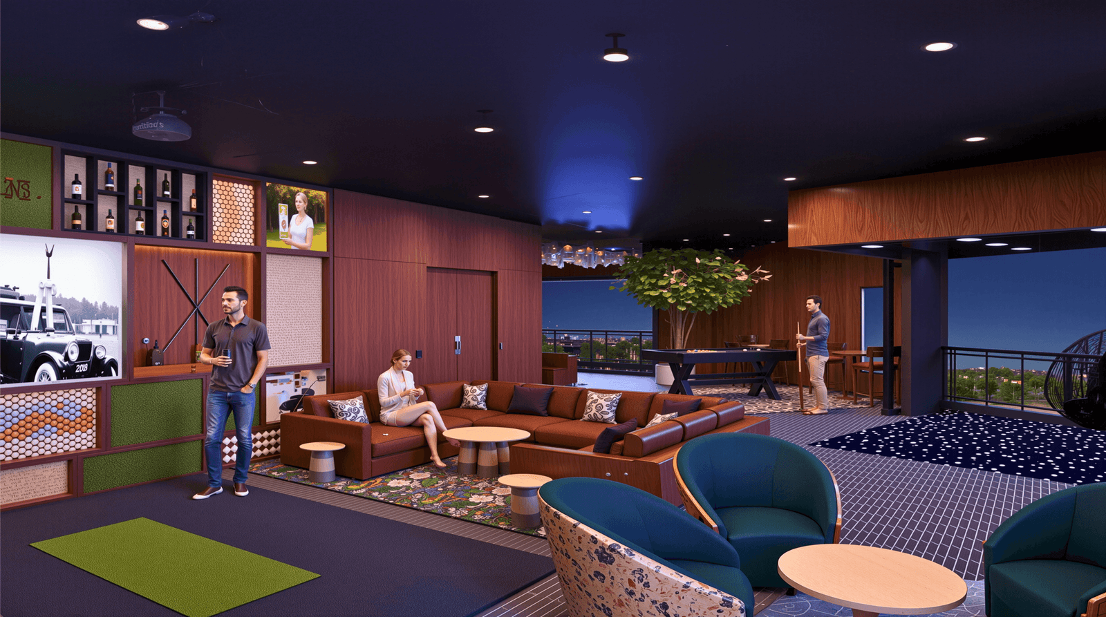 Modern luxury recreation room interior with lounge seating, pool table, bar display, and rooftop terrace view at night