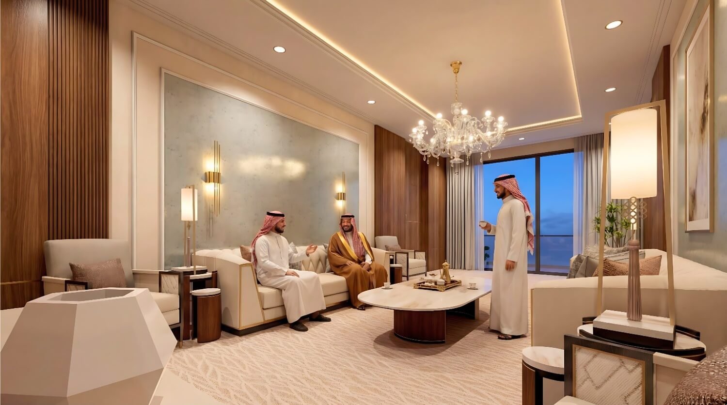 Luxury modern majlis living room interior with Arabic seating, chandelier, marble wall panel, and warm ambient lighting in Dubai