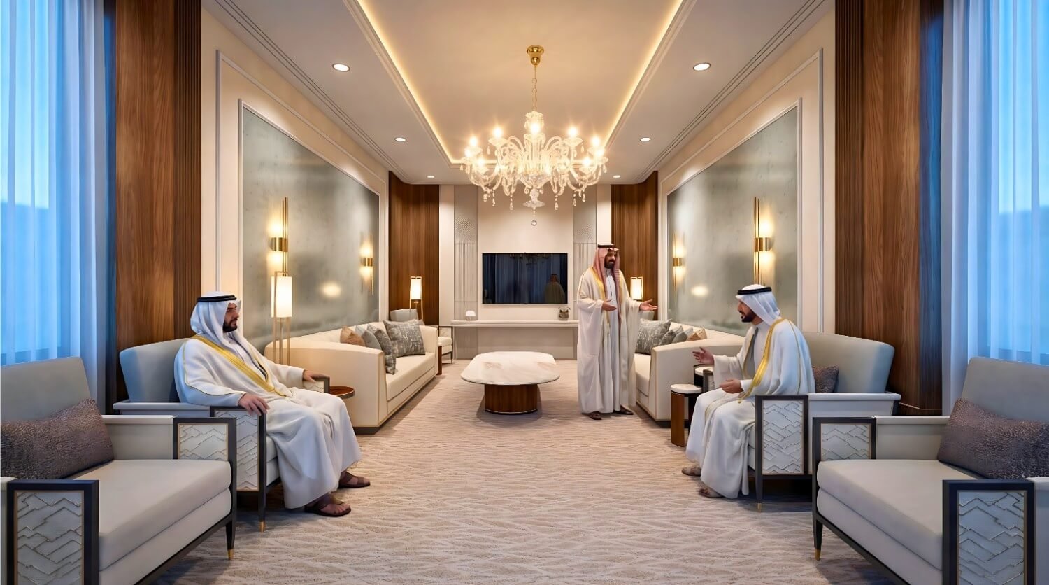 Luxury modern majlis interior with symmetrical seating, Arabic men in traditional attire, chandelier lighting, and elegant wall panel design