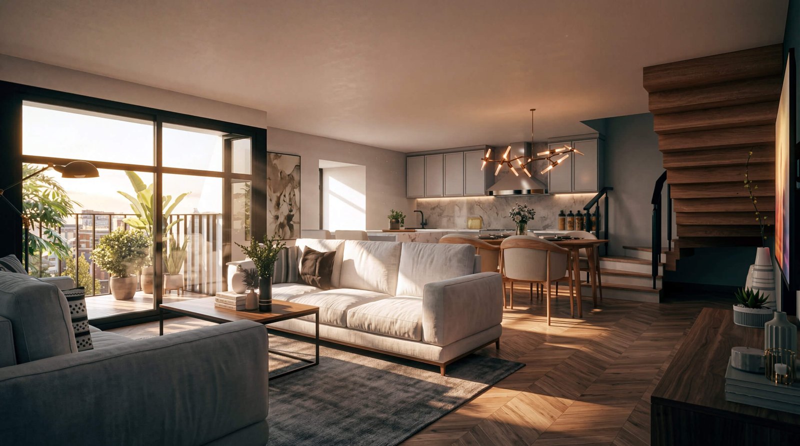 Modern open-plan living room and kitchen with balcony view, wooden flooring, and warm sunlight interior design– 3D rendering by Yantram Studio