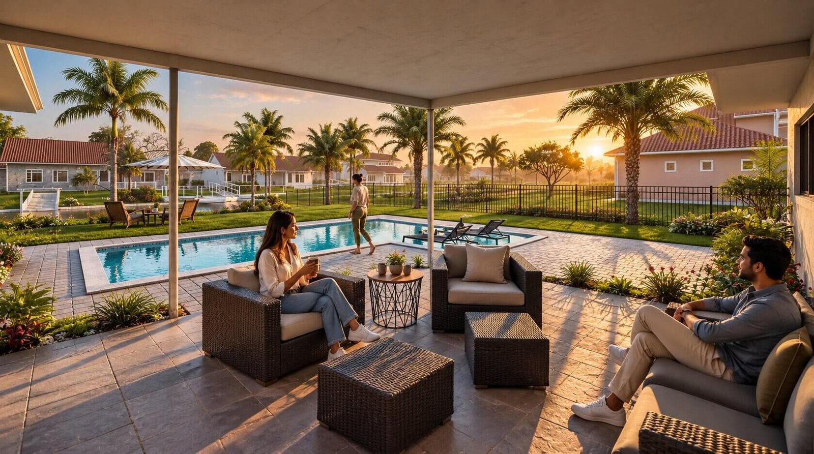 Modern California home exterior with swimming pool, patio seating, landscaped grounds and warm sunset ambiance