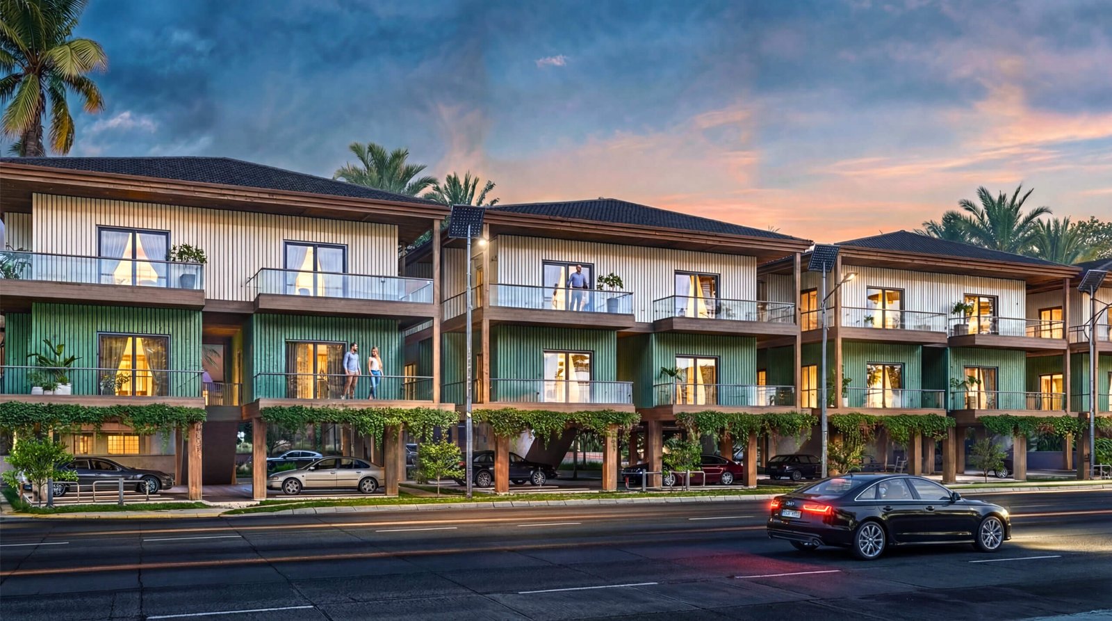 Modern row villas with elevated structure, wooden accents, glass balconies, street view, and warm evening lighting in a luxury residential development. – 3D architectural visualization by Yantram Studio
