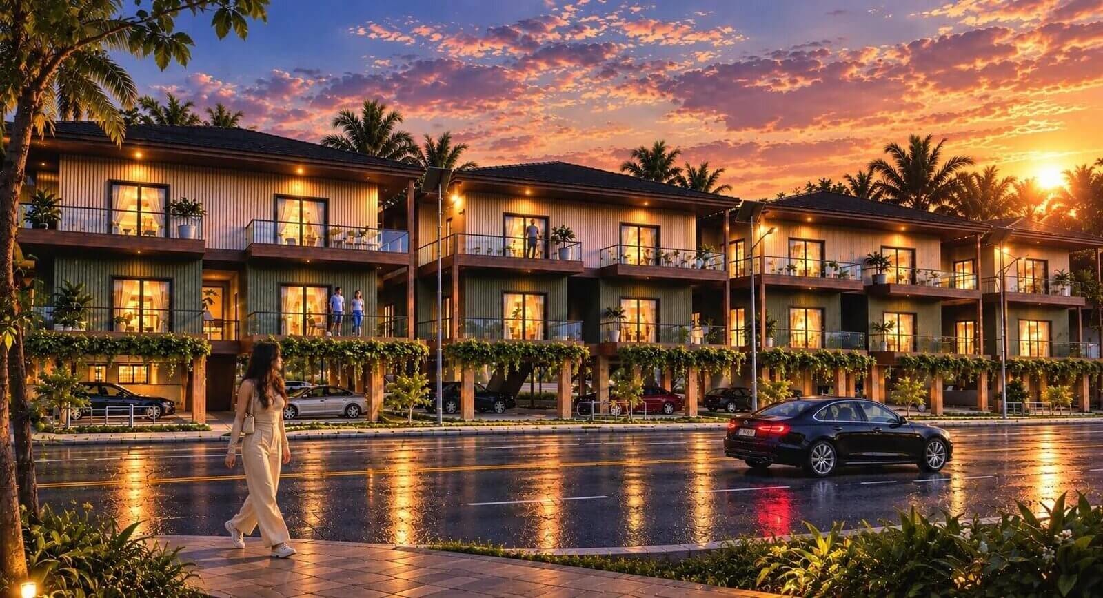 Modern row villas with elevated structure, wooden accents, glass balconies, street view, and warm evening lighting in a luxury residential development. — Photorealistic Exterior Visualization